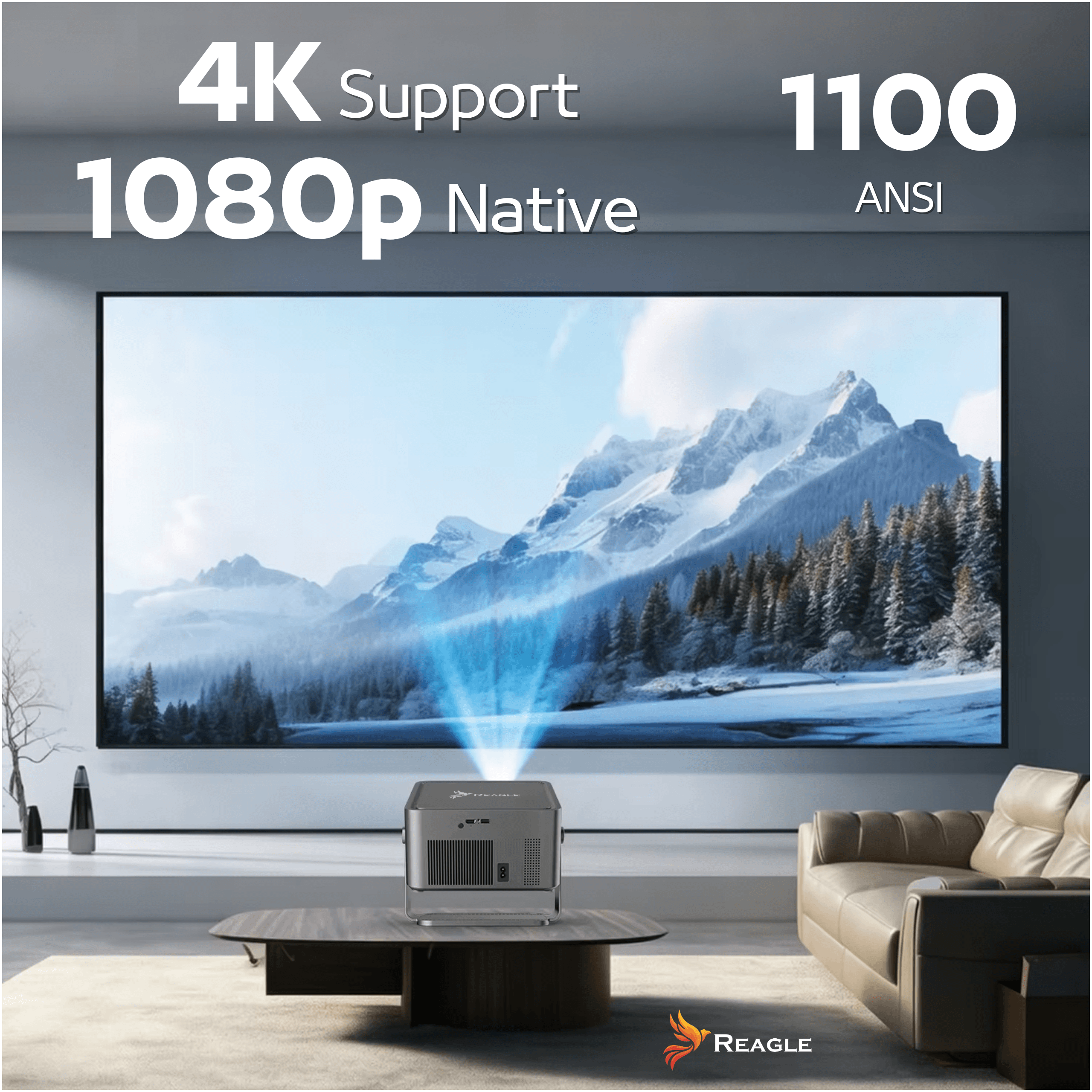 Nowoczesny projektor wyświetla krajobraz górski z obsługą 4K i 1100 lumenów ANSI.