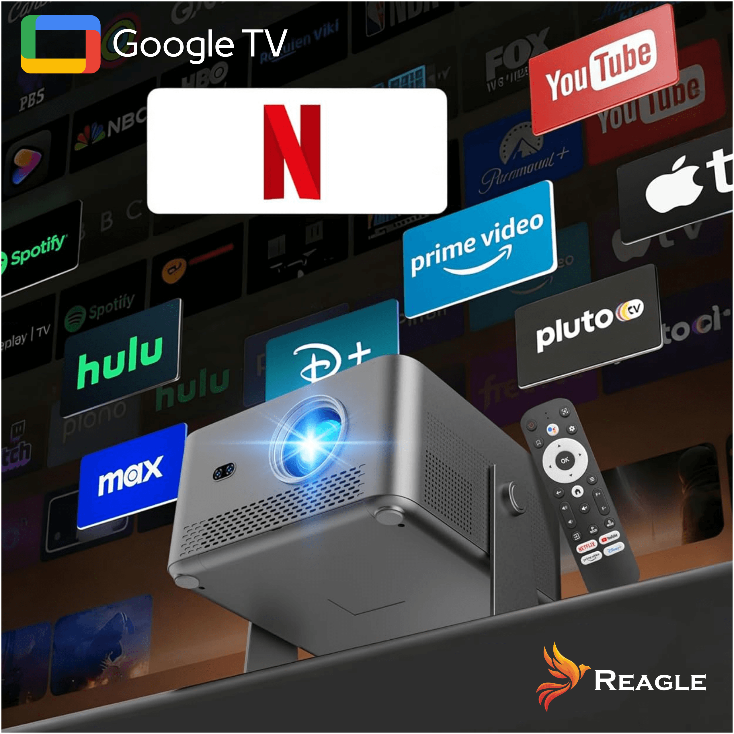 Projektor z pilotem, otoczony logo aplikacji streamingowych, takich jak Netflix, Hulu i YouTube.