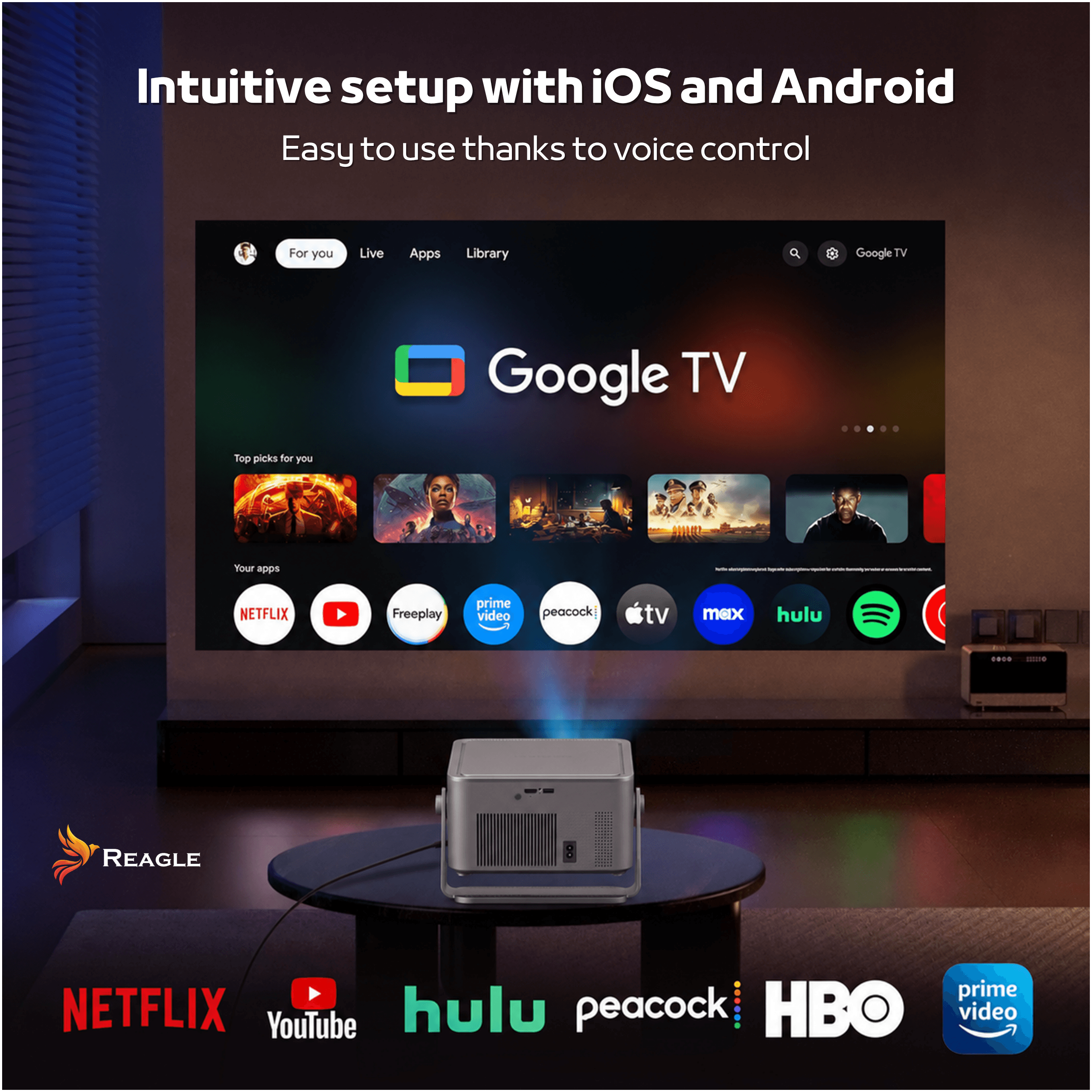 Projektor wyświetla interfejs Google TV na ekranie, pokazując aplikacje takie jak Netflix i YouTube.