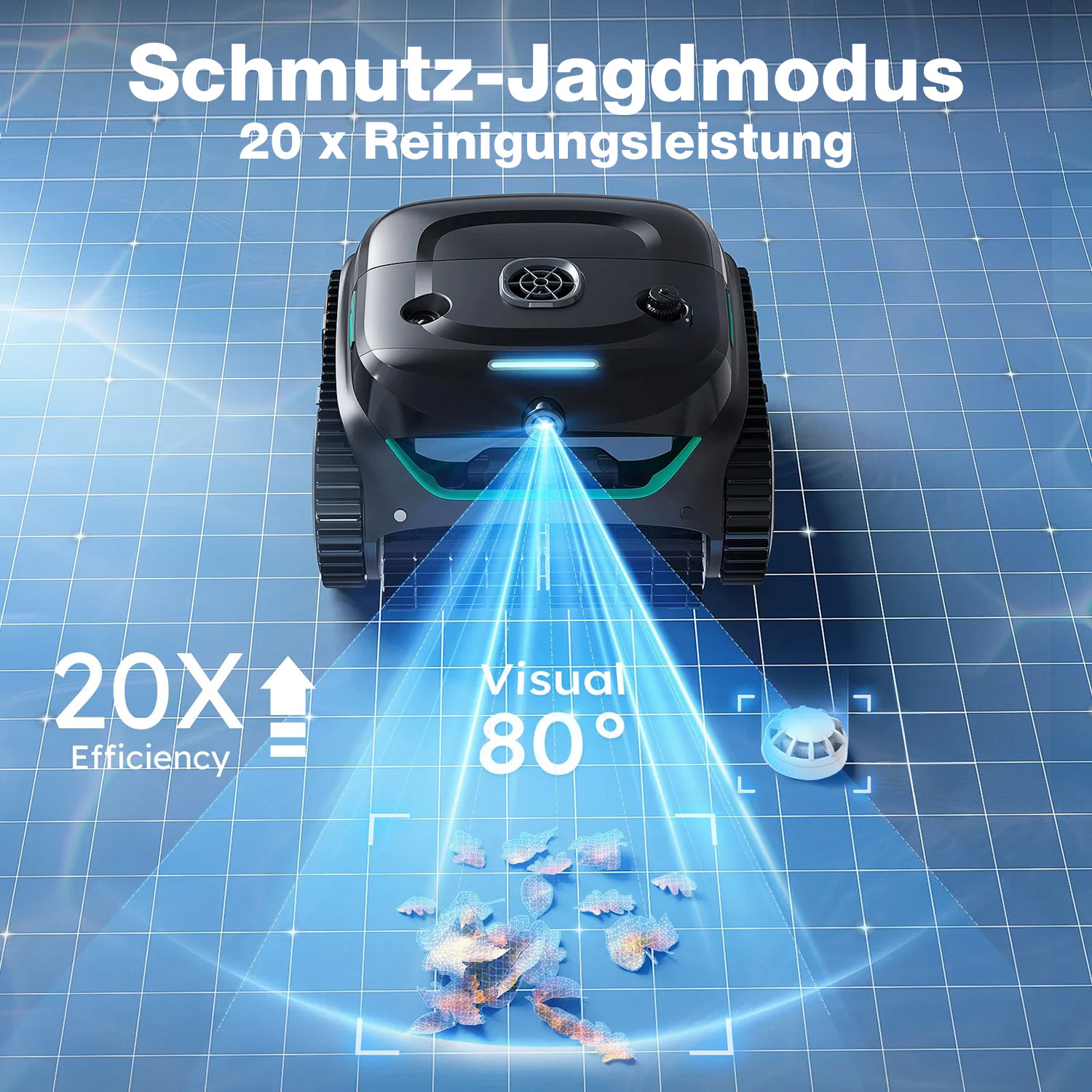 Schwarzer Saugroboter mit blauen Lichtstrahlen, die Schmutz aufsaugen.