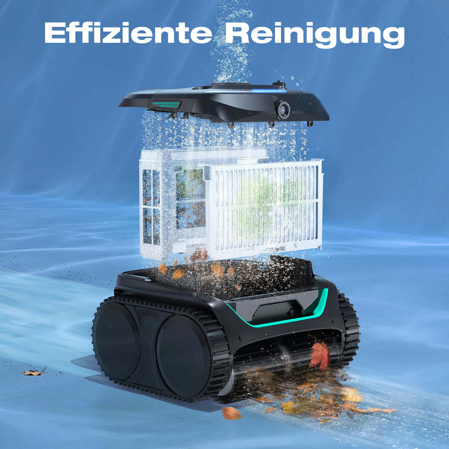 Ein Poolroboter mit herausnehmbarem Filter säubert das Wasser von Blättern.
