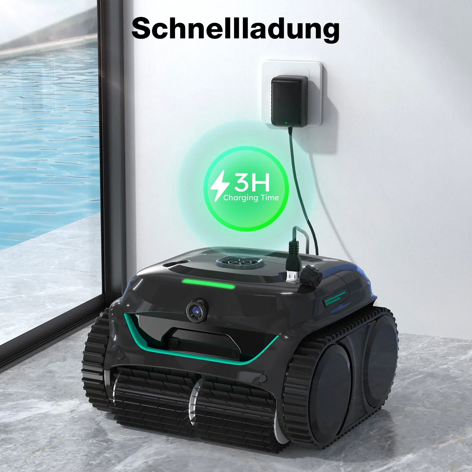 Ein schwarzer Poolroboter mit grünen Akzenten lädt.