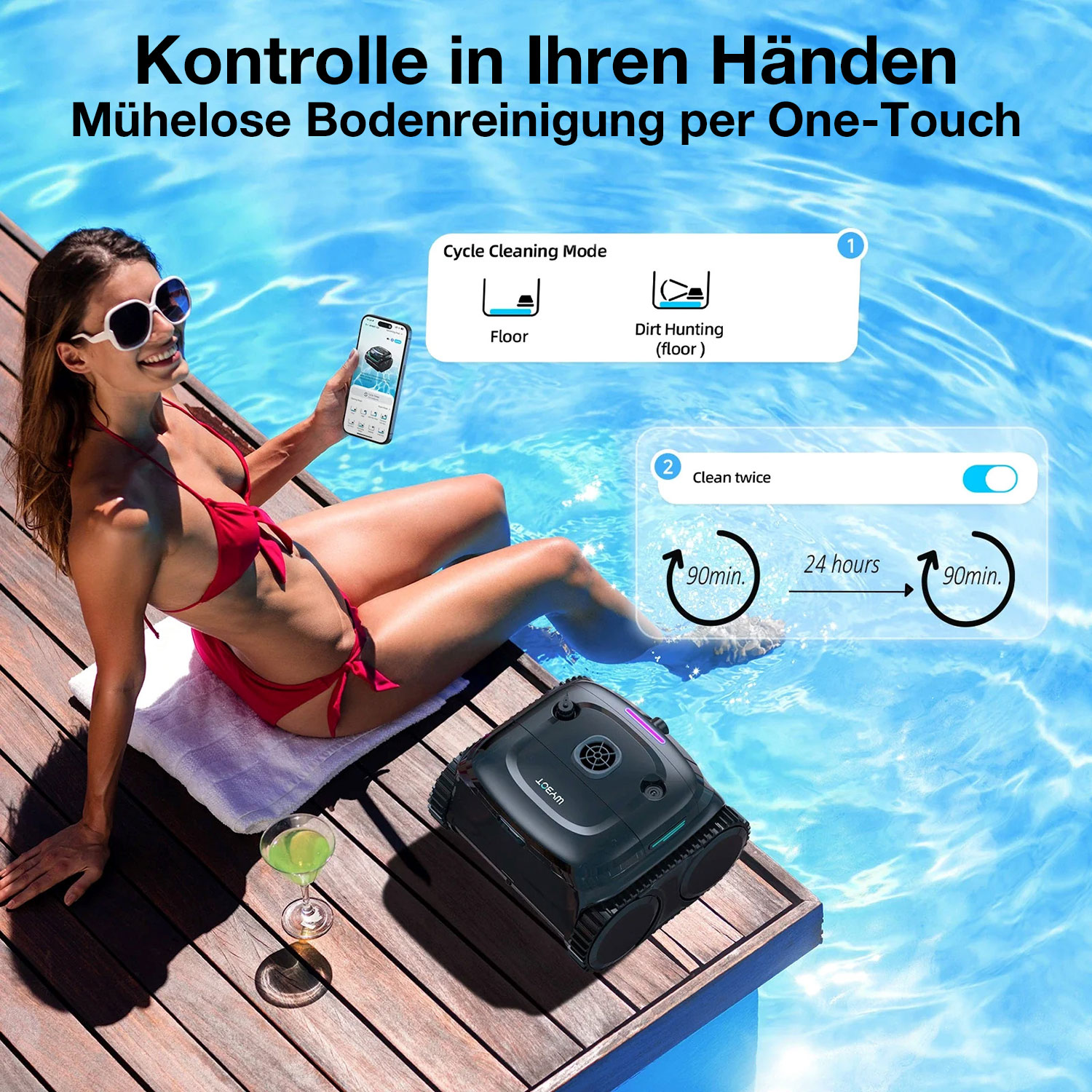 Eine Frau am Pool nutzt ihr Handy, um einen Poolroboter zu steuern.