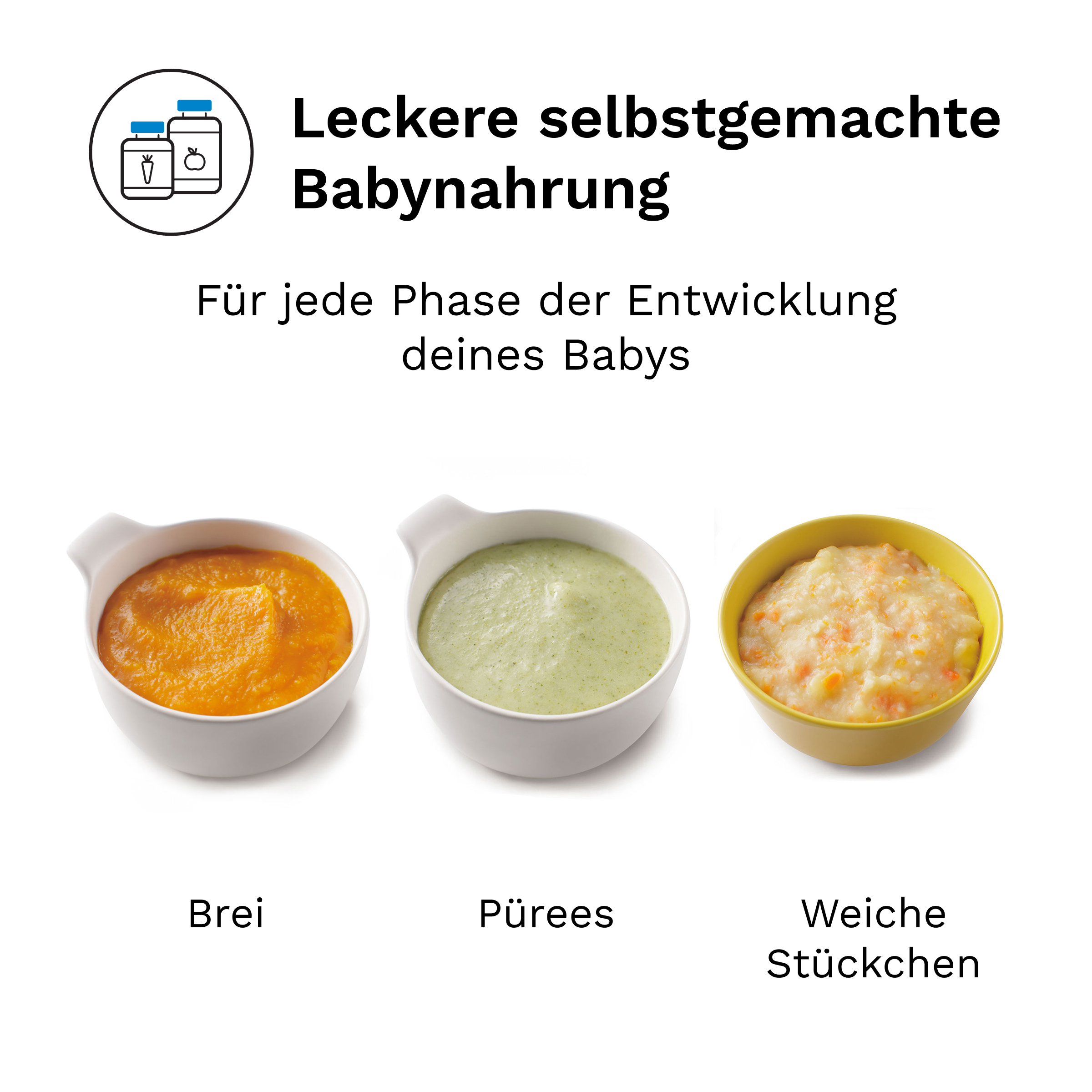 Drei Schalen mit Babybrei: Orange, grün und stückig. Text erwähnt Babynahrung.