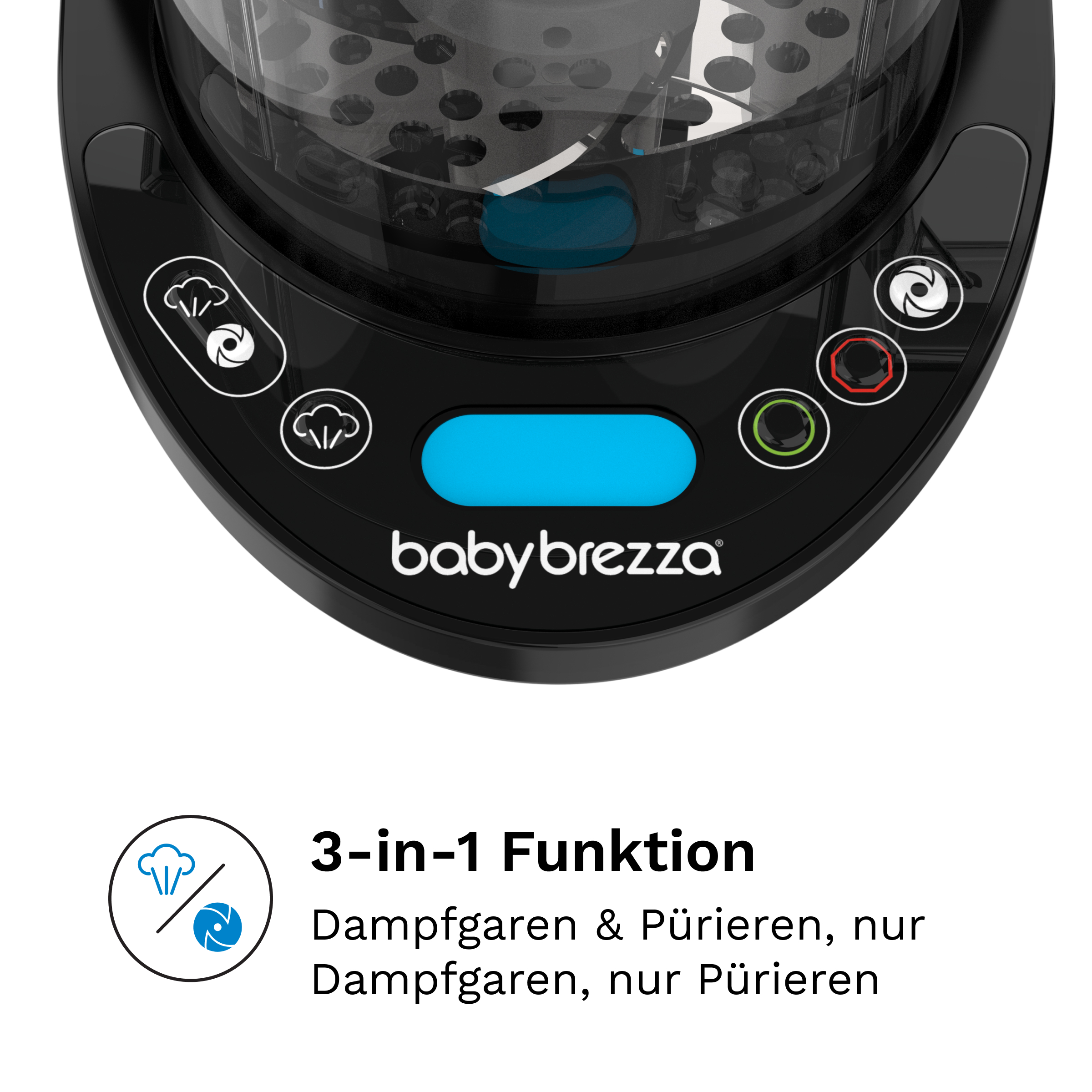 Baby Brezza Dampfgarer und Pürierer mit Bedienfeld und Text.