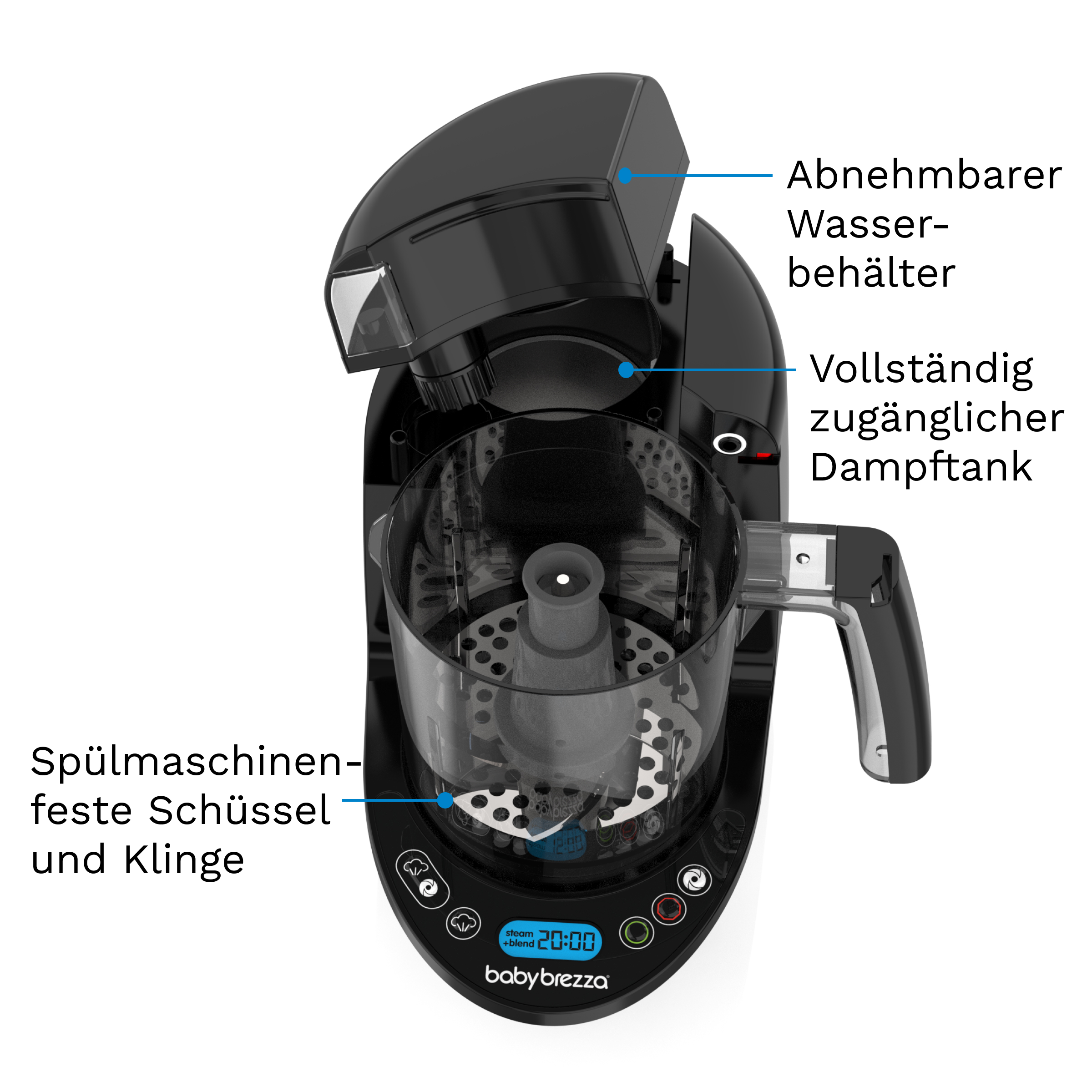 Ein schwarzer Babybrezza Dampfgarer mit abnehmbarem Wasserbehälter.