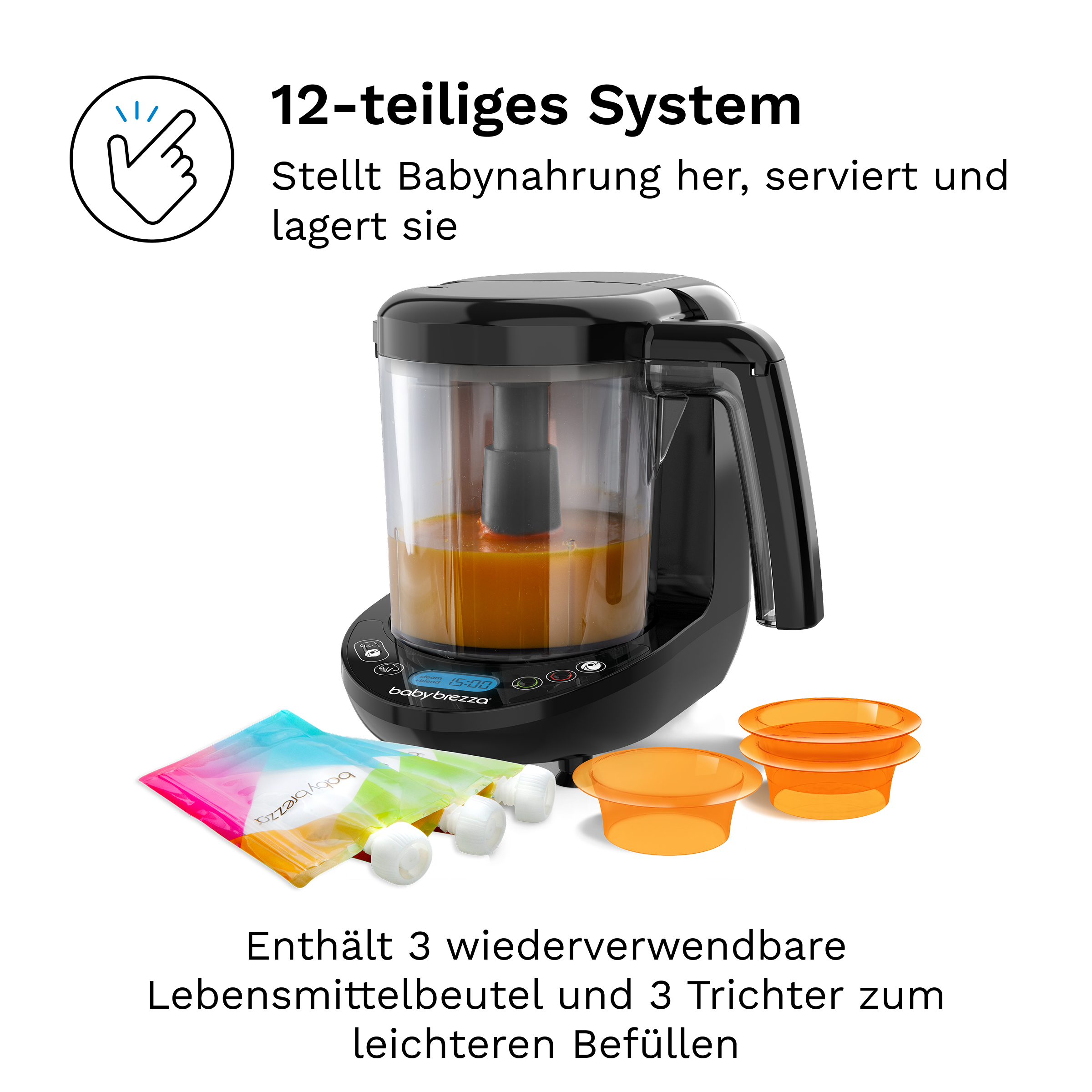 Babybrezza Küchenmaschine mit orangen Behältern und Beuteln.
