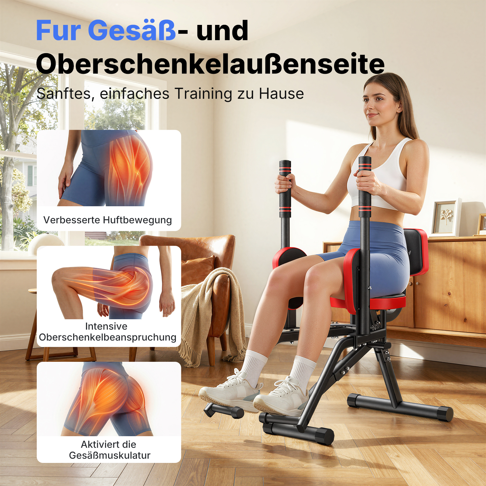 Frau trainiert zu Hause auf einem Fitnessgerät für Gesäß und Oberschenkel.