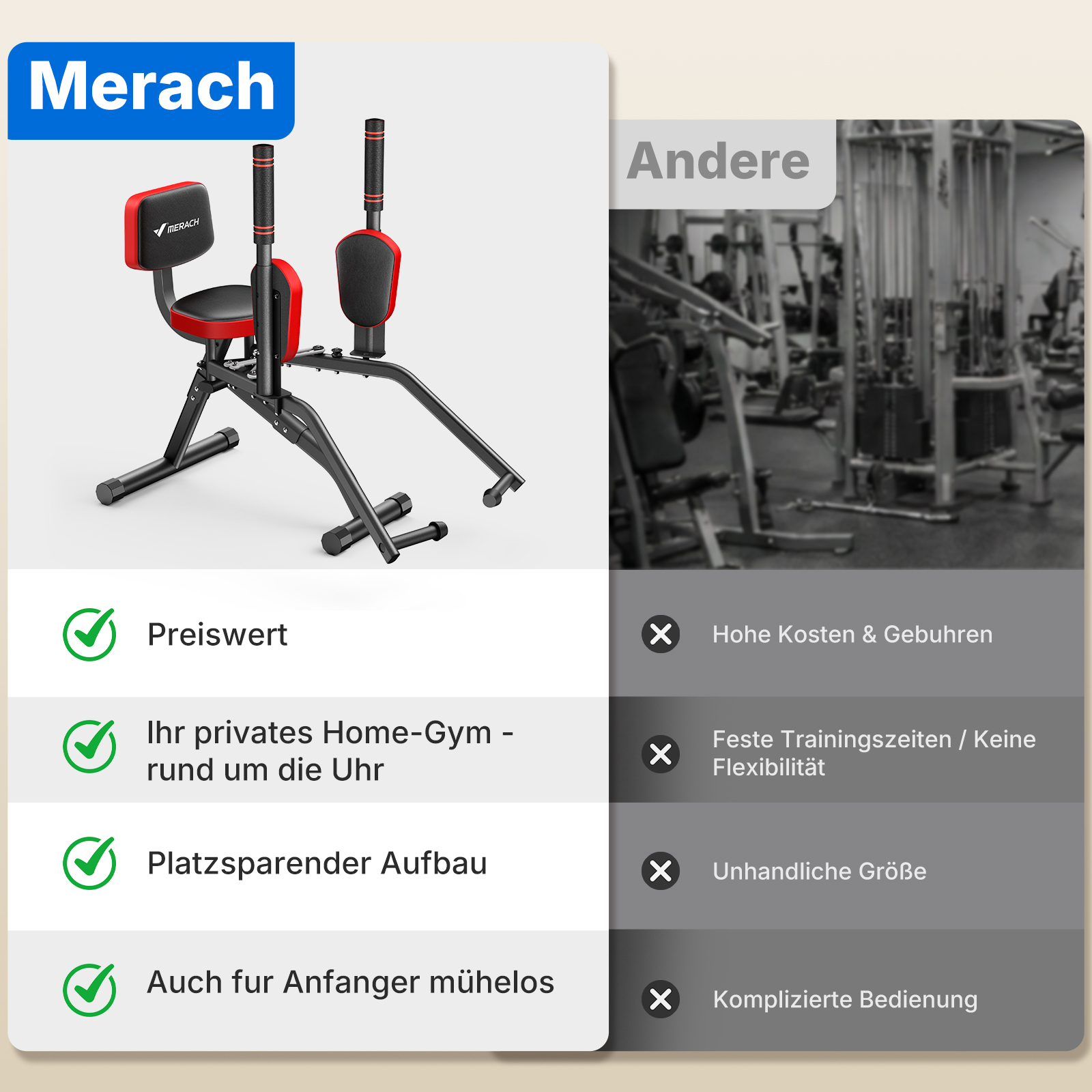 Merach Heimtrainer: preiswert, flexibel, platzsparend. Andere: Fitnessstudio.