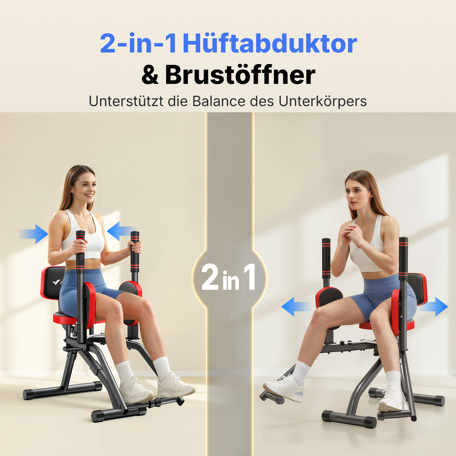 Zwei Frauen trainieren auf einem 2-in-1 Fitnessgerät für Hüfte und Brust.