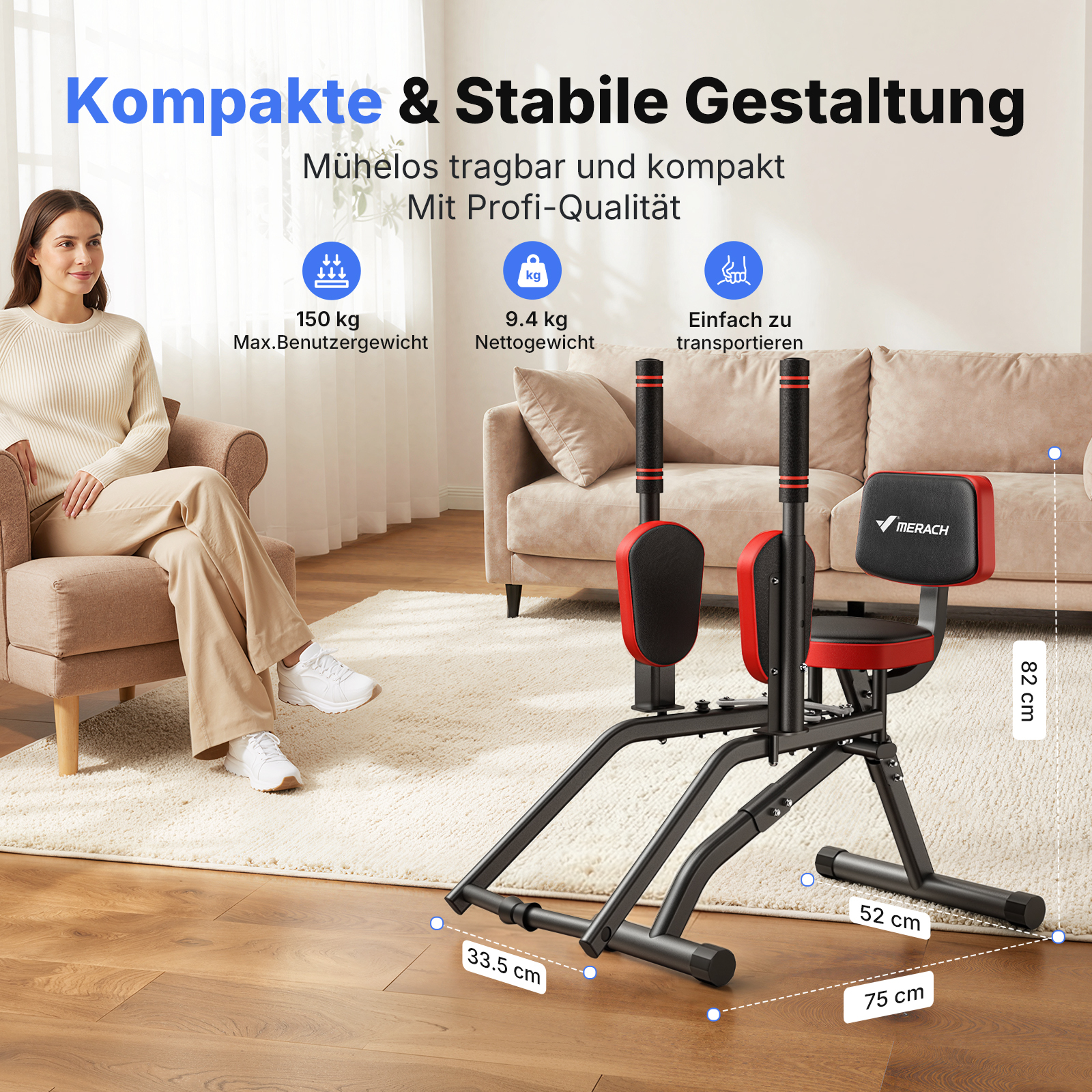 Ein Mann sitzt auf einem Sessel, daneben ein Fitnessgerät.
