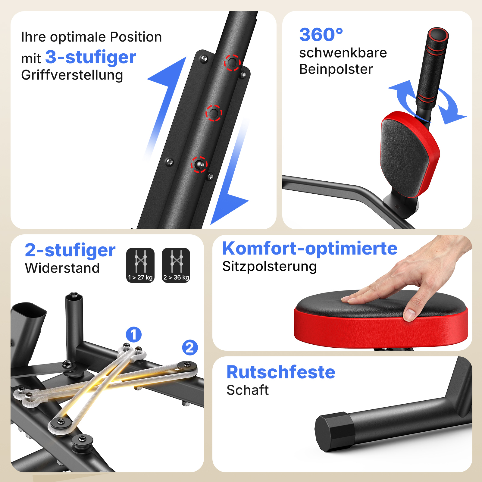 Details zu Griffverstellung, Beinpolstern, Widerstand und Sitzpolsterung.