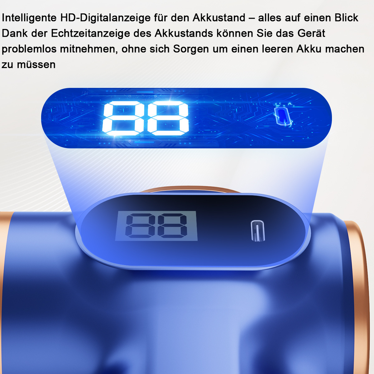 Blaues Gerät mit digitaler Anzeige "88". Digitales Akkusymbol angezeigt.