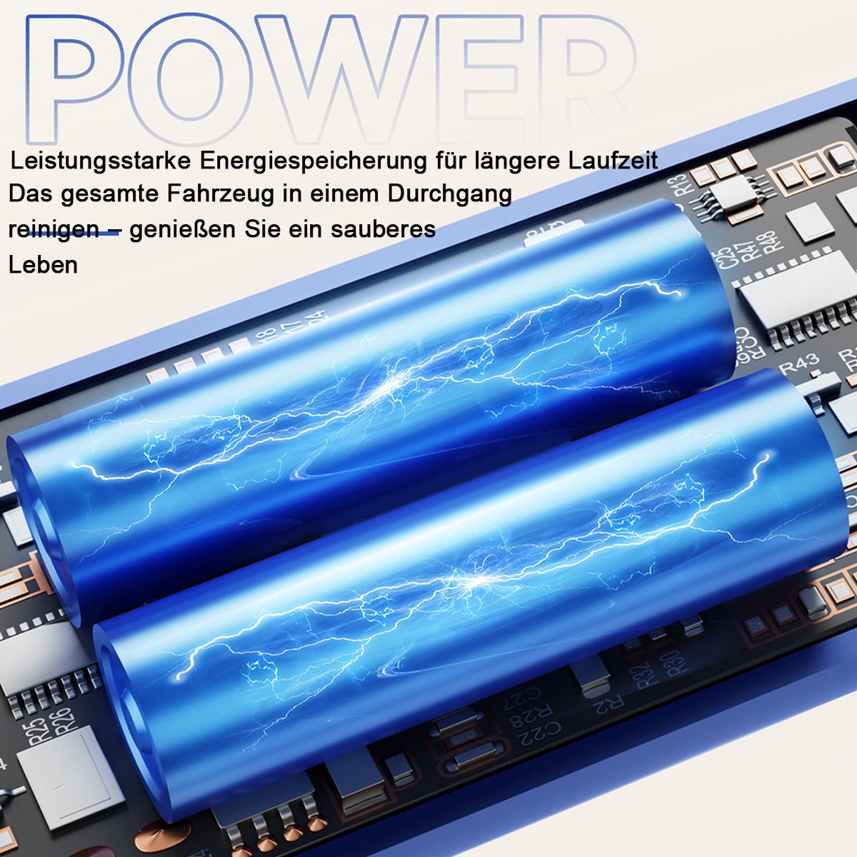 Zwei blaue Batterien mit leuchtenden Blitzen auf einer Leiterplatte. Oben steht POWER.