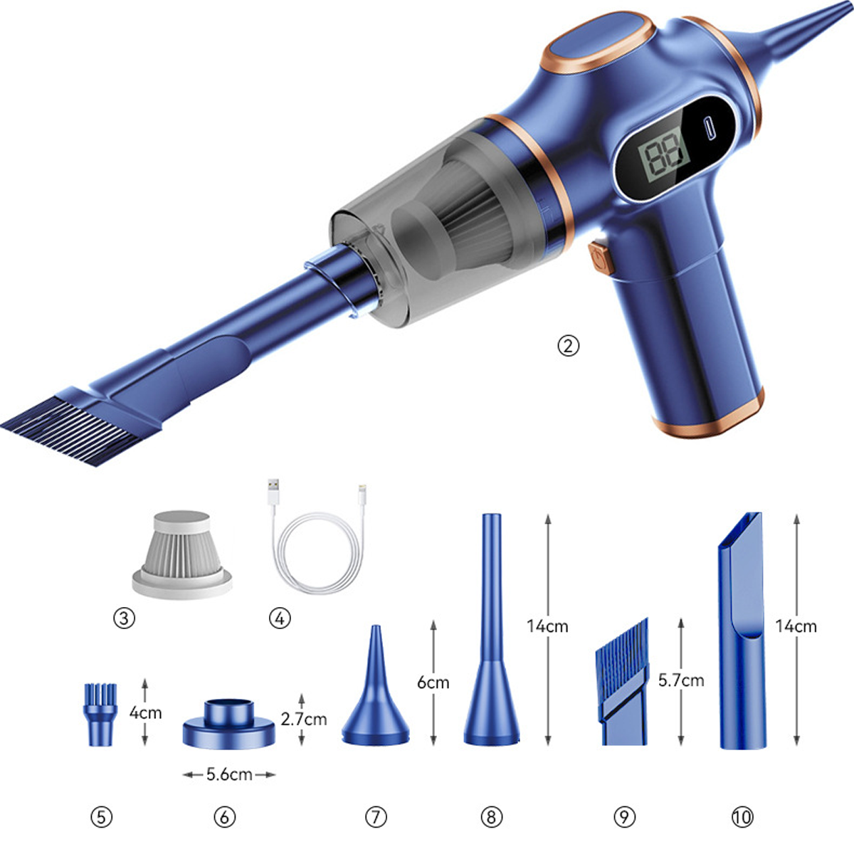 Blauer Handstaubsauger mit Zubehör: Filter, Kabel, Bürsten und Düsen.