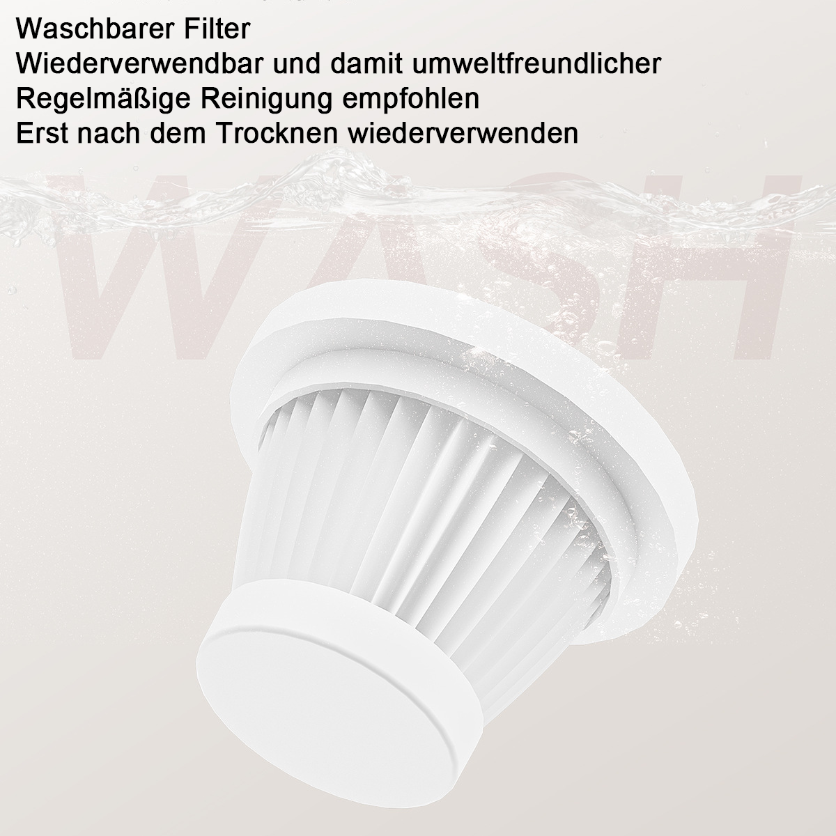 Ein weißer, waschbarer Filter mit Falten, teilweise im Wasser. Waschbar, wiederverwendbar.