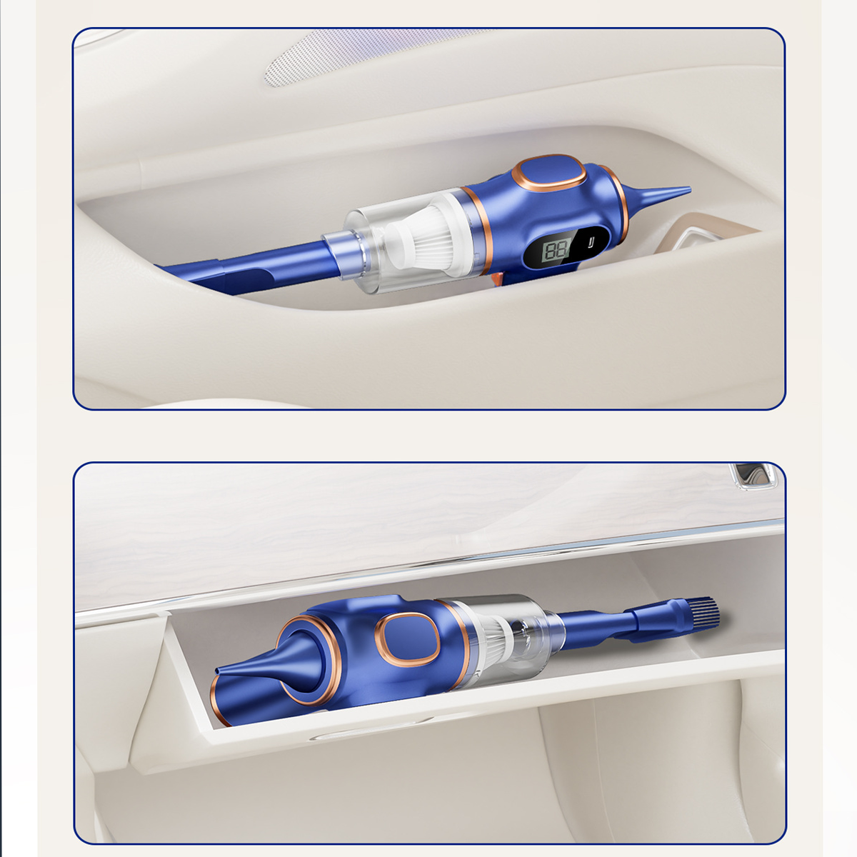 Blauer Akku-Staubsauger mit Kupferakzenten in einem Auto-Staufach.