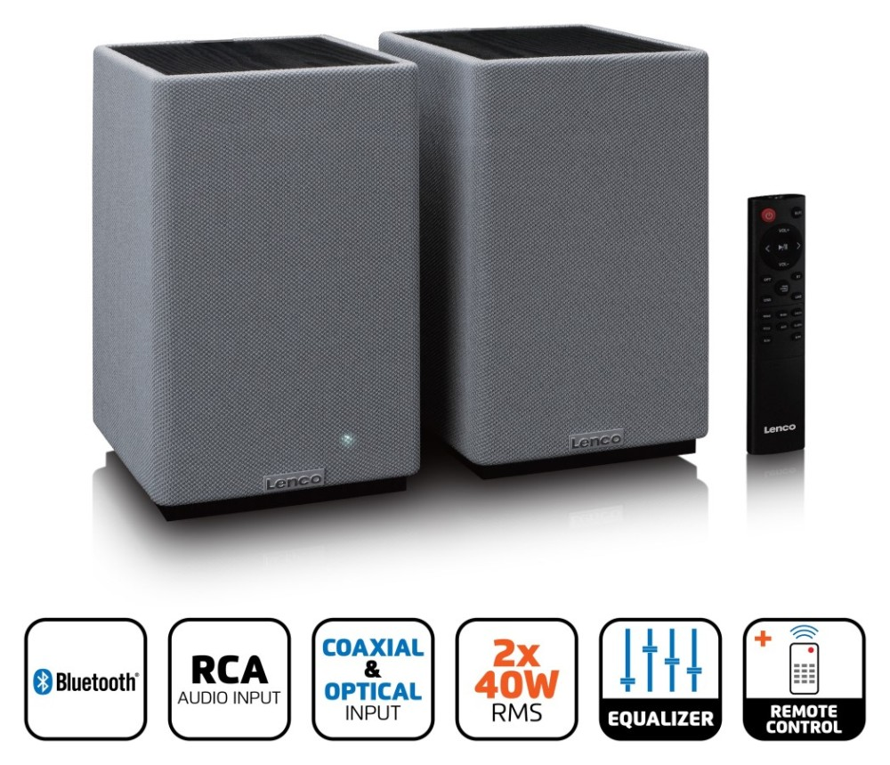 Dwa szare głośniki Lenco z pilotem. Funkcje Bluetooth, RCA, wejścia coaxial/optyczne.