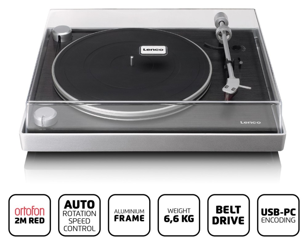 Gramofon Lenco z czarnym talerzem, ramieniem, srebrną obudową i ikonami funkcji.