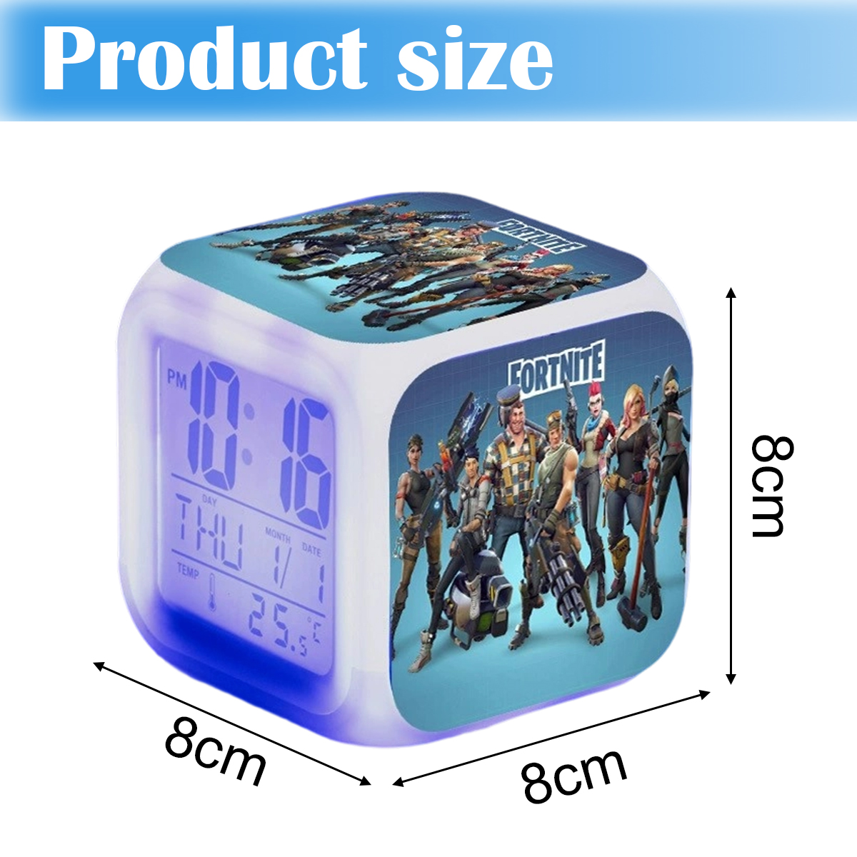 Ein 8cm würfelförmiger Wecker mit Fortnite-Motiv und digitaler Anzeige.