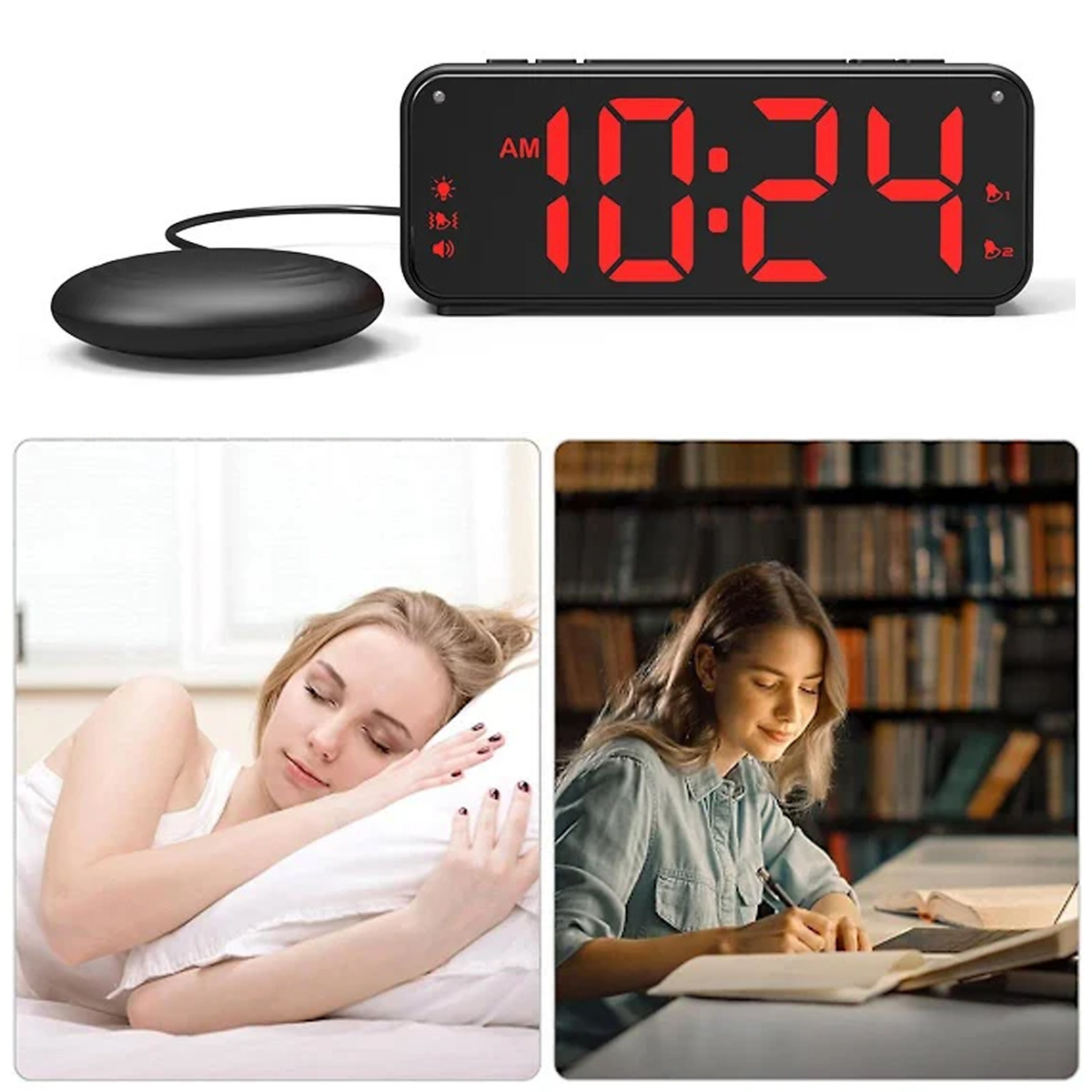 Digitaluhr mit Wecker und Vibrator, Frau schläft, Frau lernt.