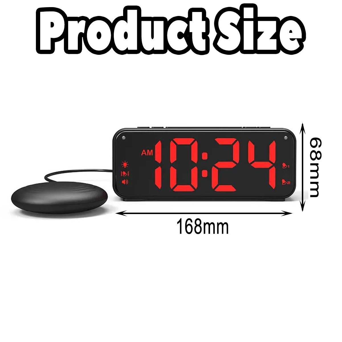 Digitaluhr mit rotem Display zeigt 10:24. Vibrator und Maße 168x68mm.