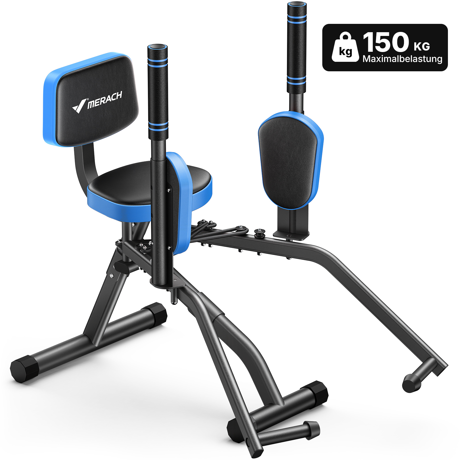 Ein schwarzer und blauer Heimtrainer mit Sitz und Griffen, 150 kg Belastung.