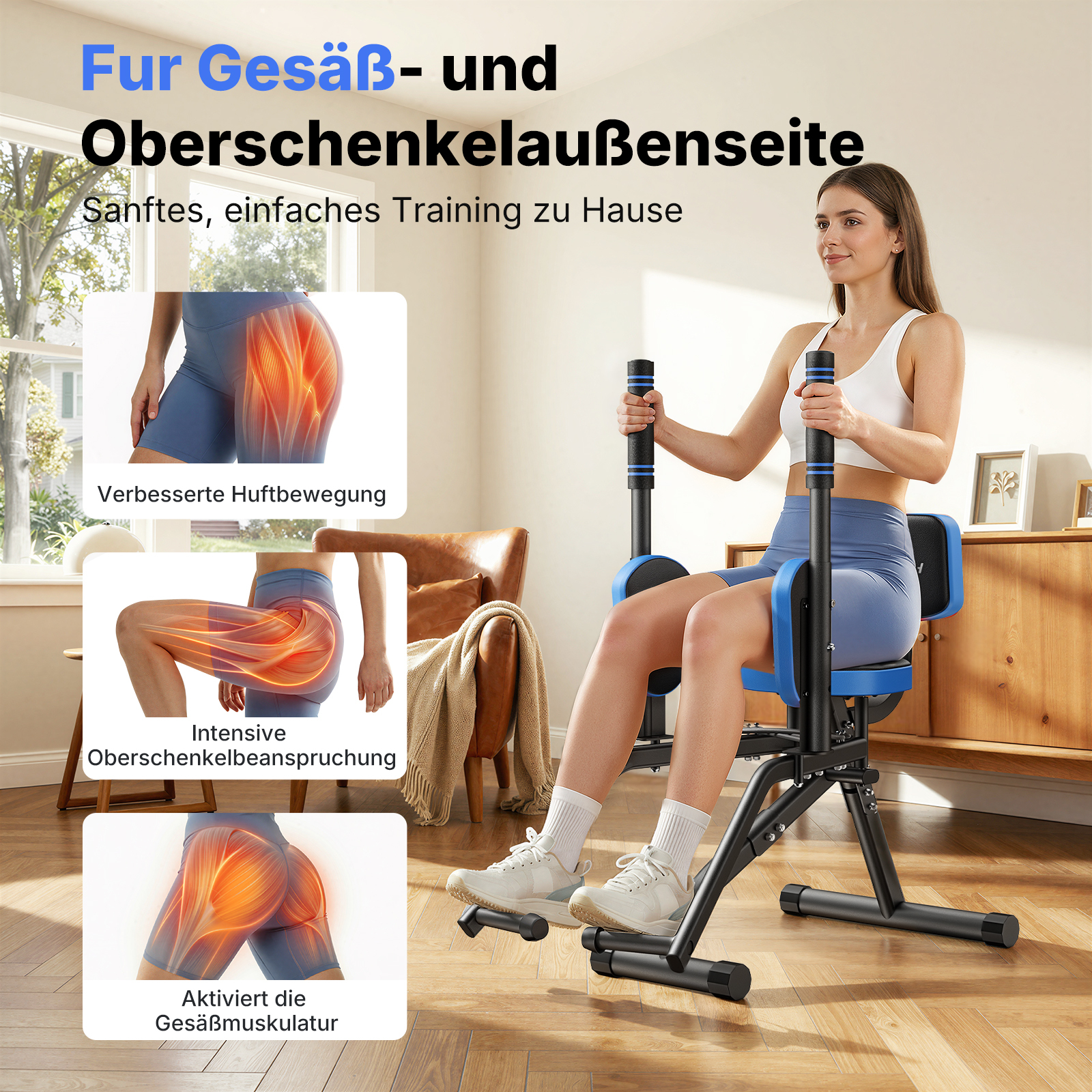 Frau trainiert auf einem Heimtrainer für Gesäß und Oberschenkel.