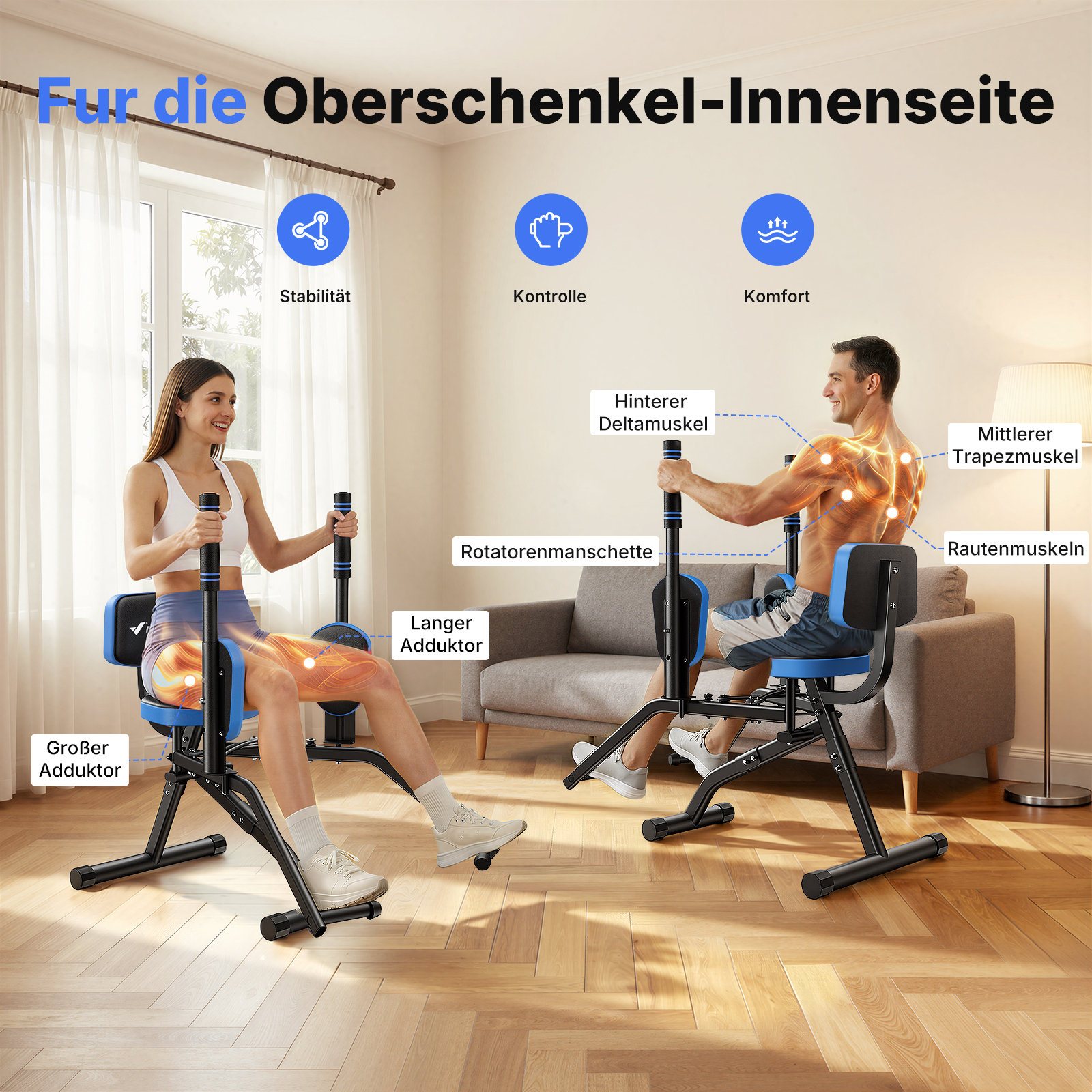 Mann und Frau trainieren auf Heimfitnessgeräten, die für die Oberschenkelinnenseite.