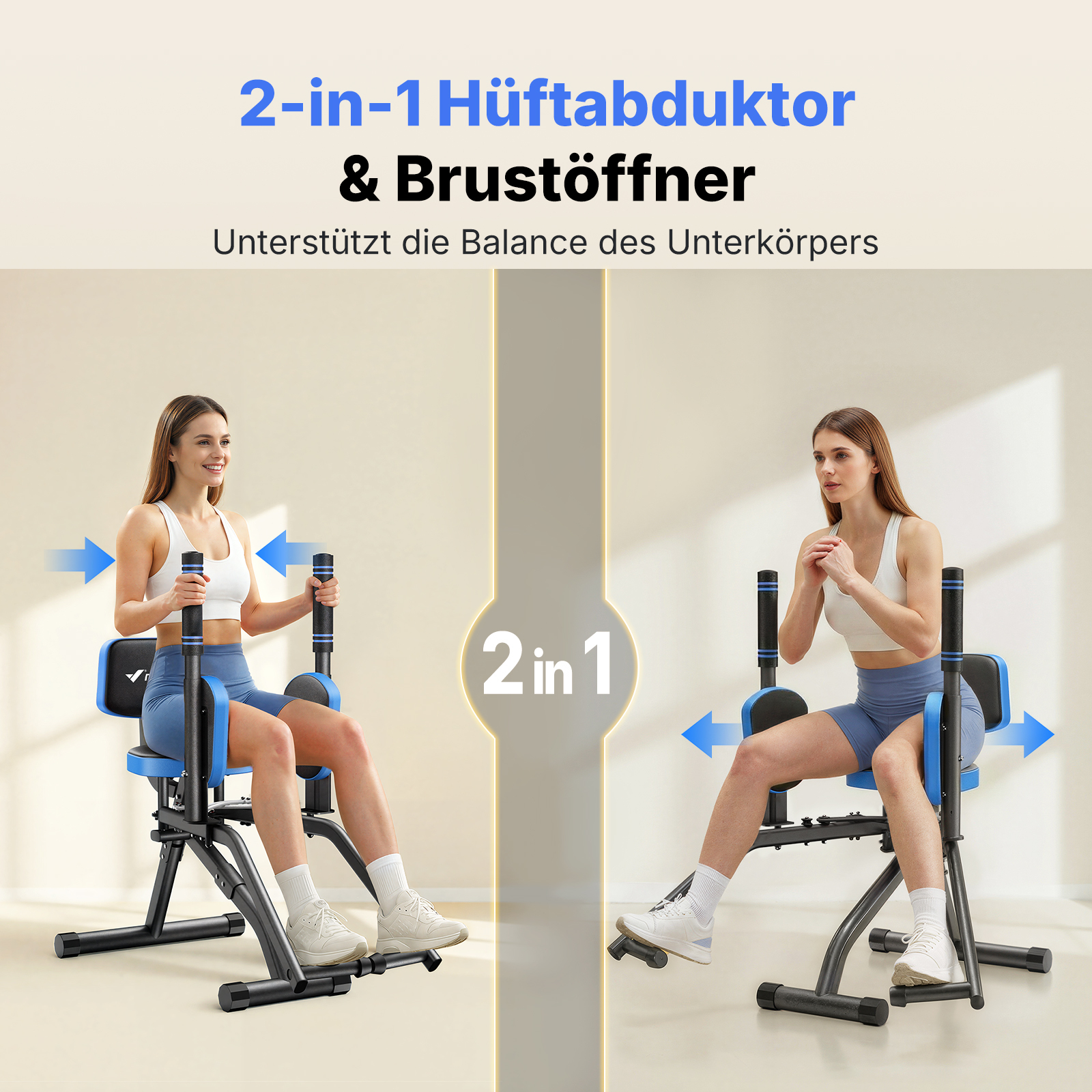 Zwei Frauen trainieren auf einem 2-in-1 Fitnessgerät für Hüfte und Brust.