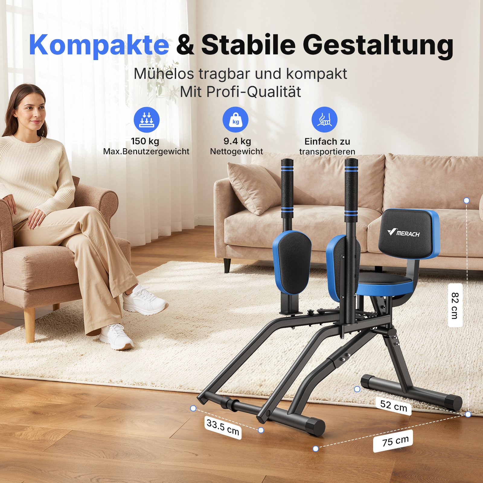 Ein Heimtrainingsgerät mit blauen und schwarzen Polstern, Maßen und einer Frau im Sessel.