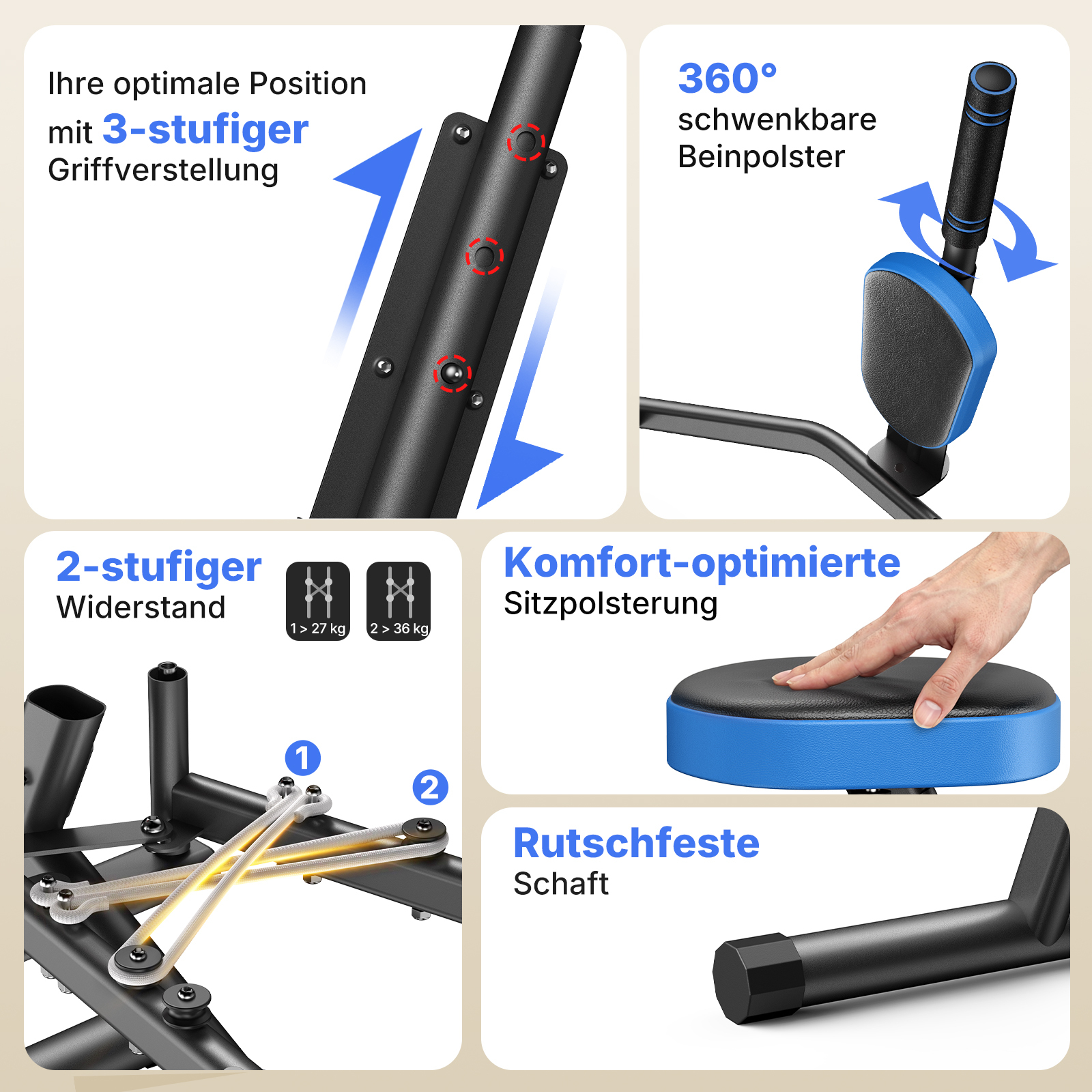 Fitnessgerät mit 3-stufiger Griffverstellung, schwenkbaren Beinpolstern, 2-stufigem Widerstand und gepolsterter Sitzfläche.