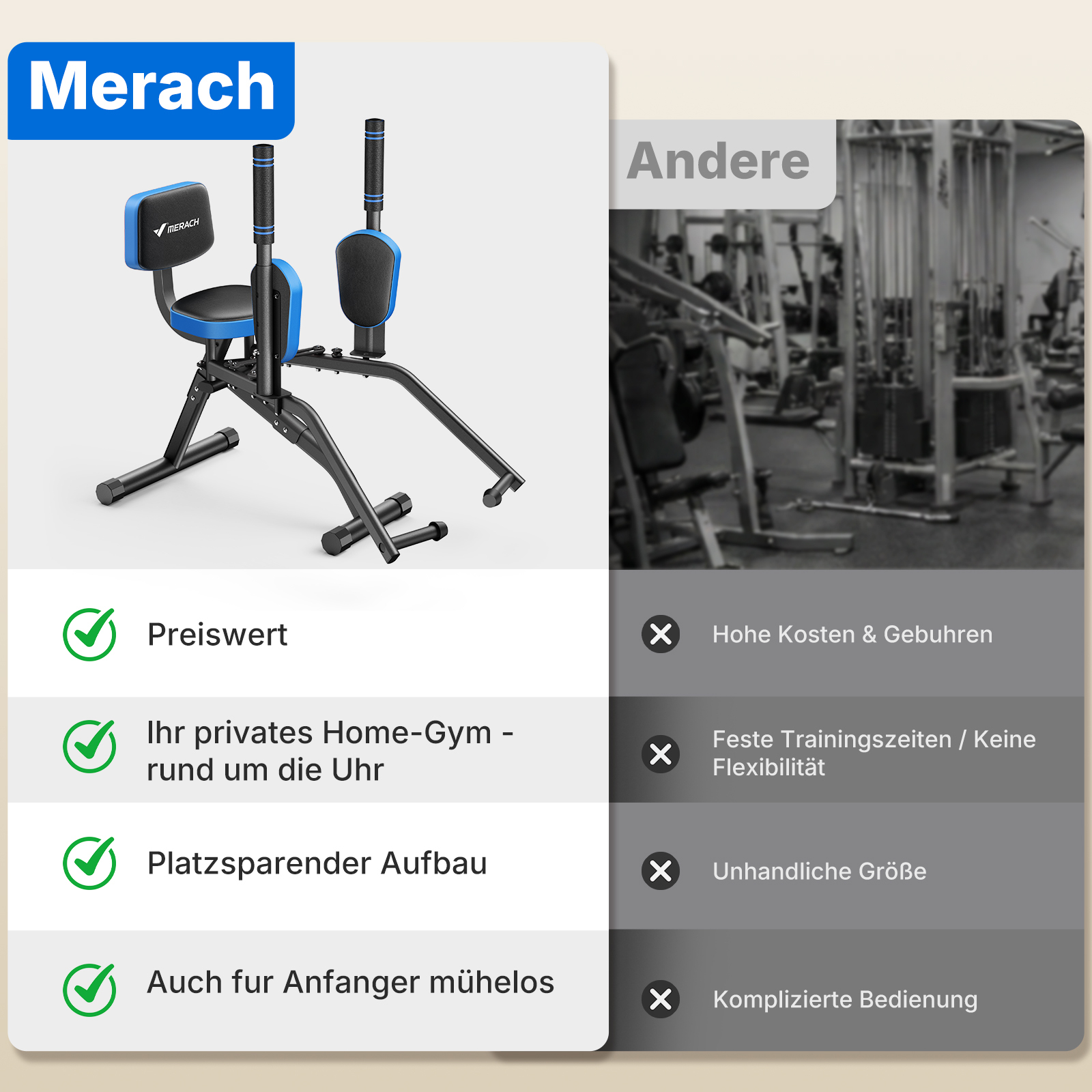 Ein blau-schwarzes Heimfitnessgerät von Merach, daneben ein Fitnessstudio.