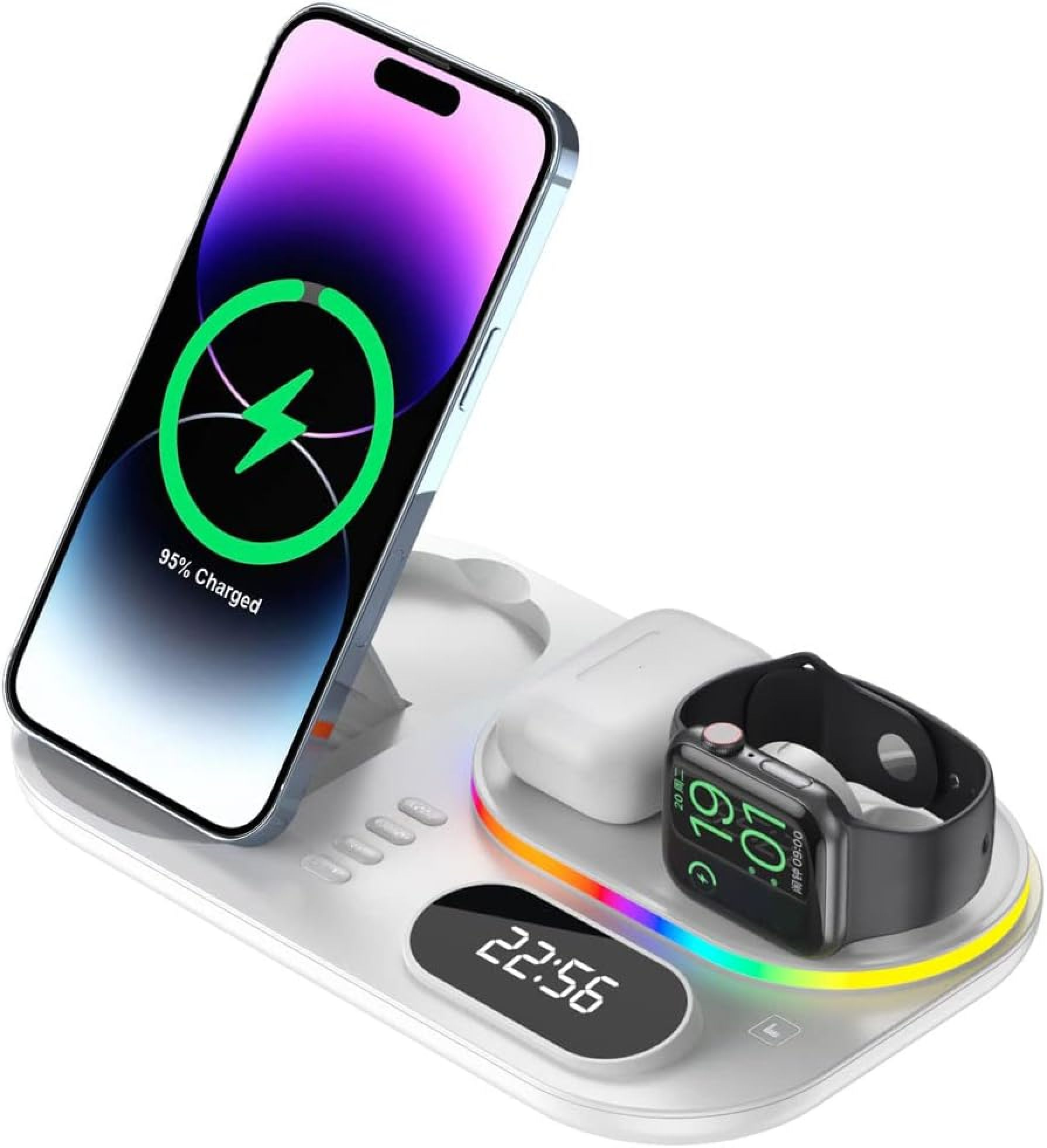 Ein Smartphone, Ohrhörer und eine Smartwatch laden auf einer weißen Ladestation mit Digitalanzeige und farbiger Beleuchtung.