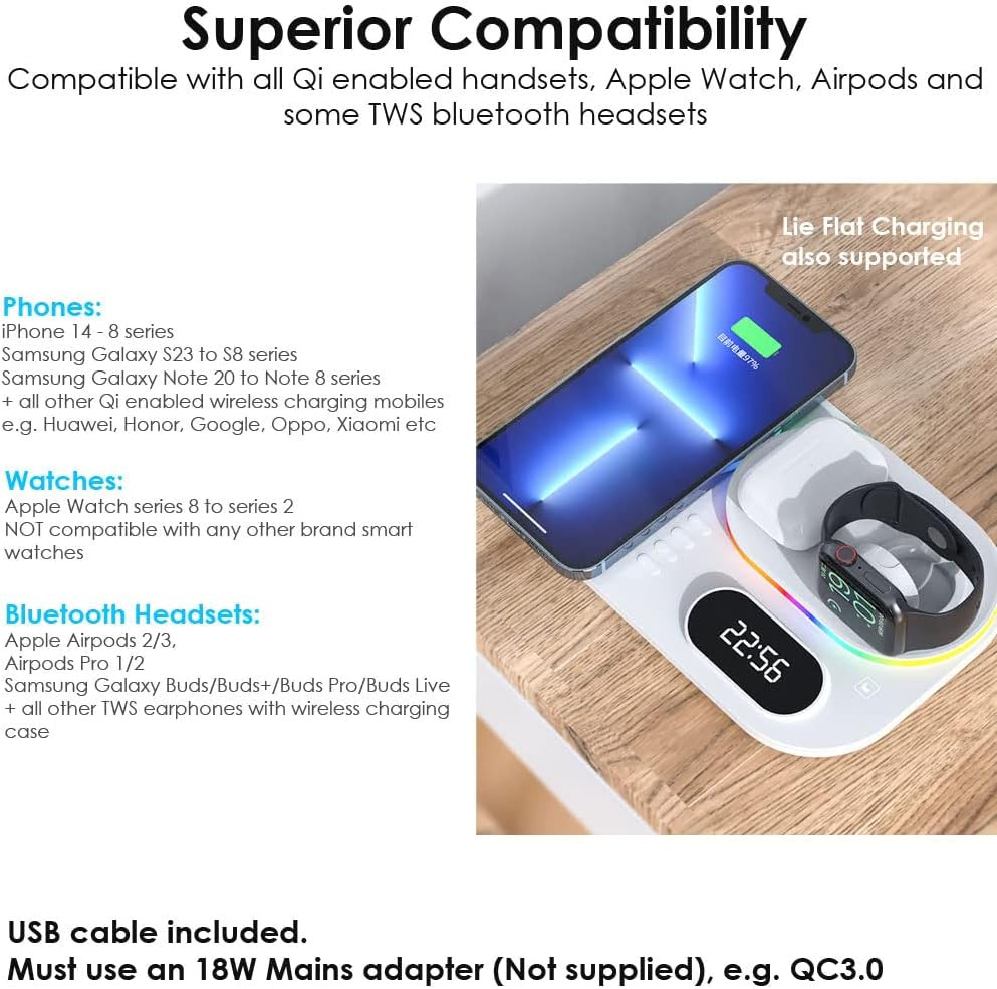Ein weißes Ladegerät mit einem iPhone, AirPods und einer Apple Watch.