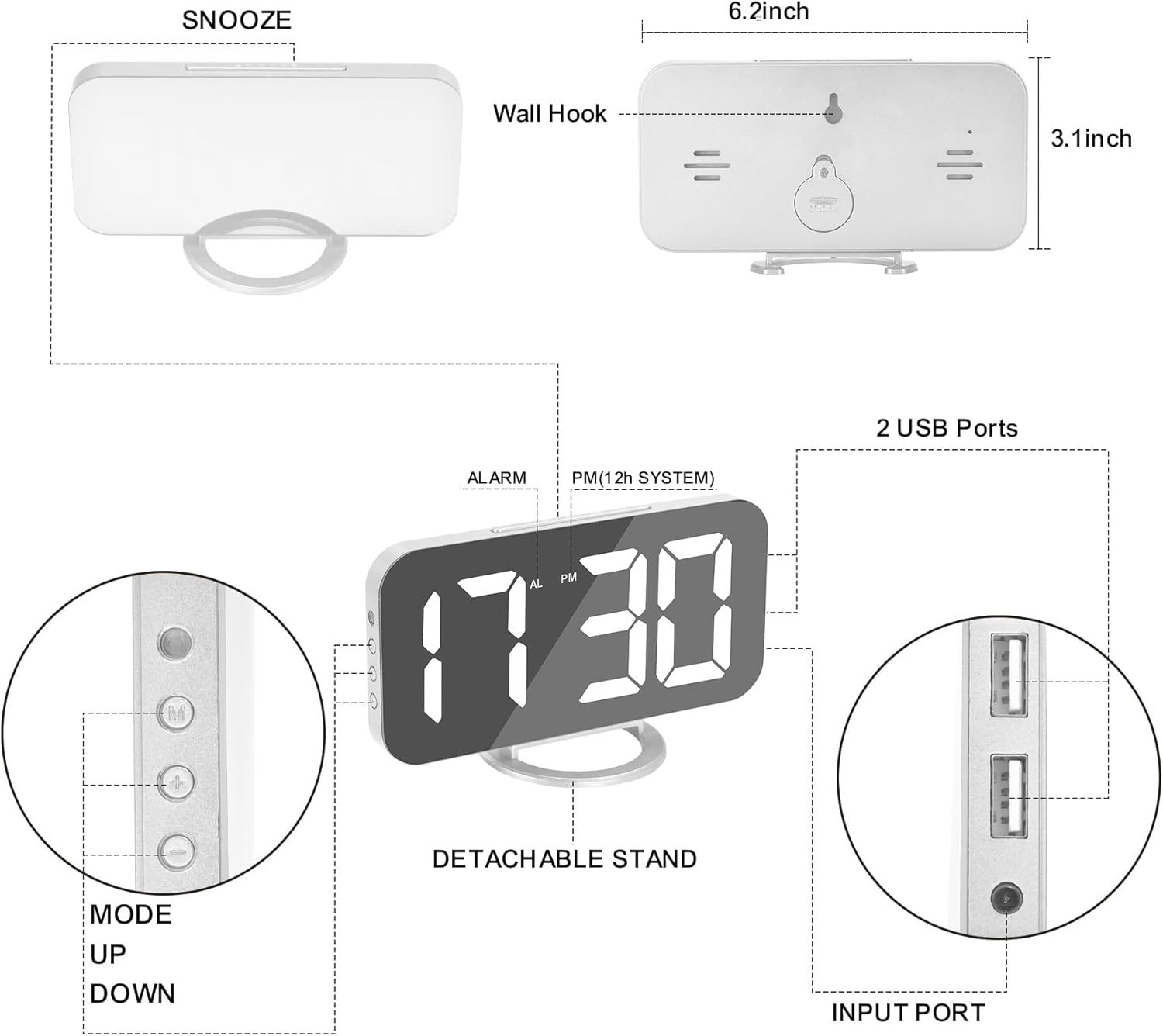 Digitaler Wecker mit Snooze-Taste, USB-Anschlõssen und abnehmbarem Ständer.