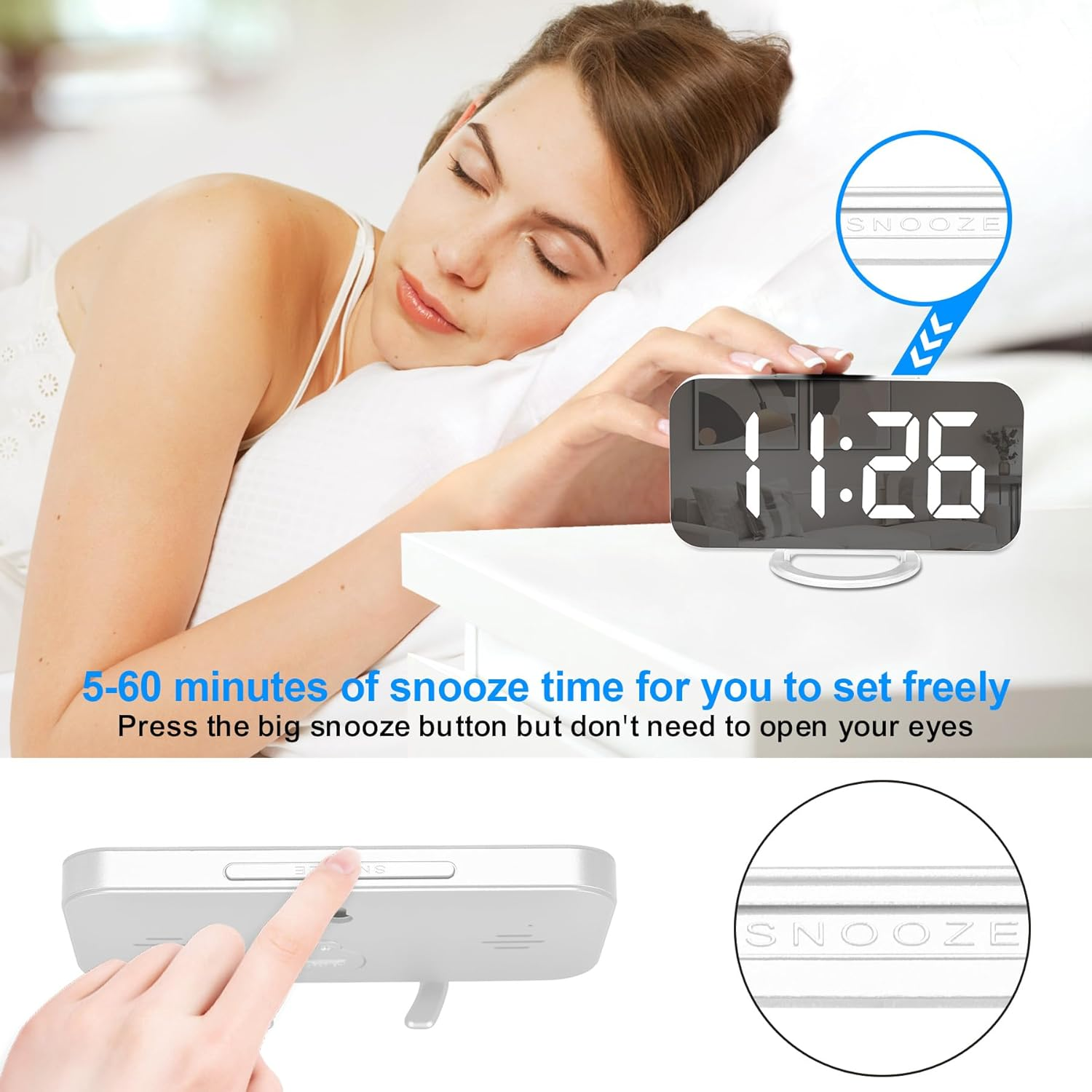 Frau schläft, Wecker zeigt 11:26. Snooze-Taste ist hervorgehoben.