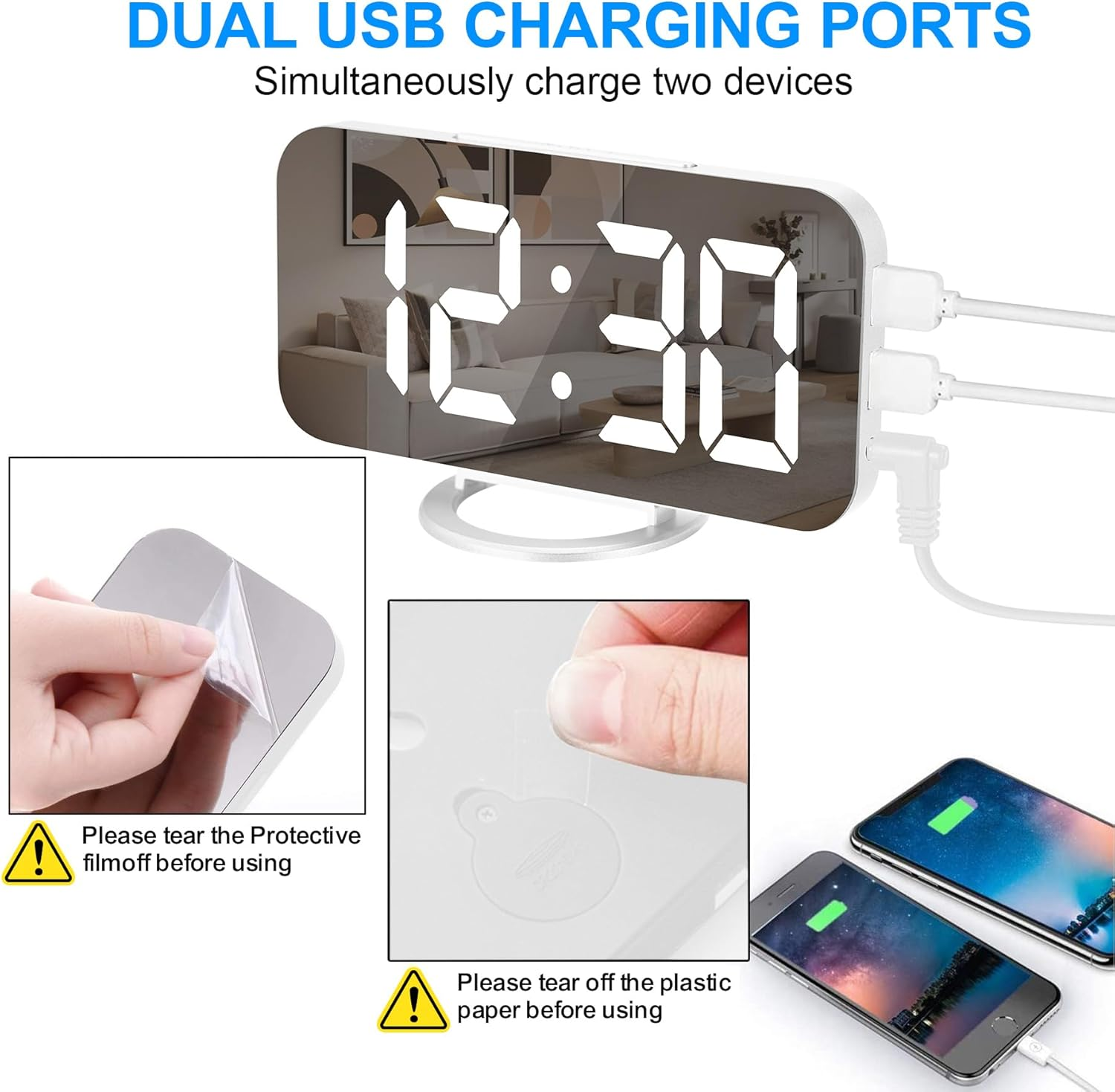 Digitaluhr mit zwei USB-Anschlüssen, die gleichzeitig zwei Telefone lädt.
