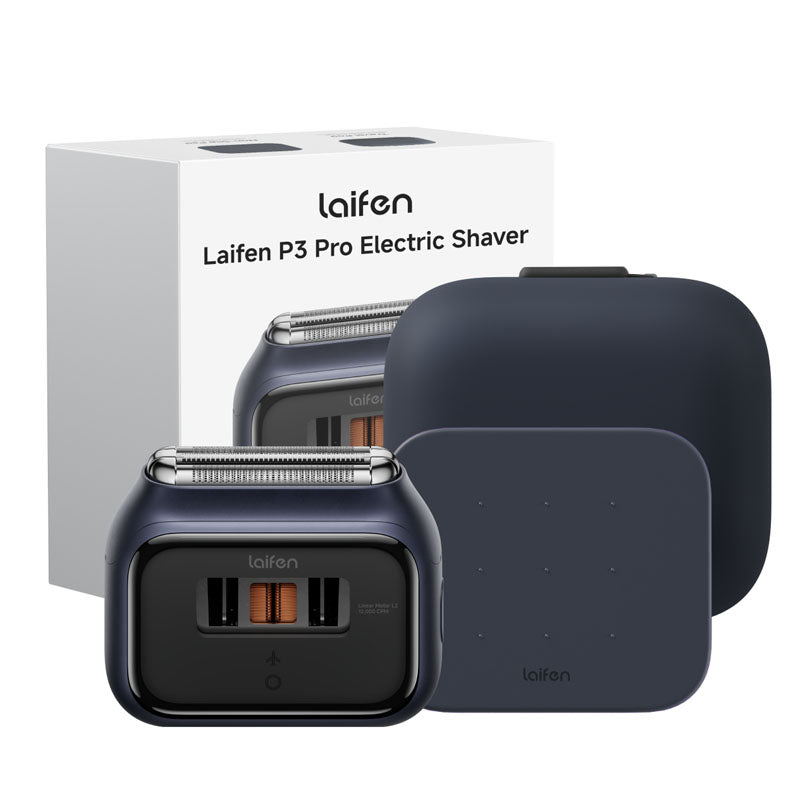 Ein Laifen P3 Pro Elektrorasierer mit Ladebox und Verpackung.