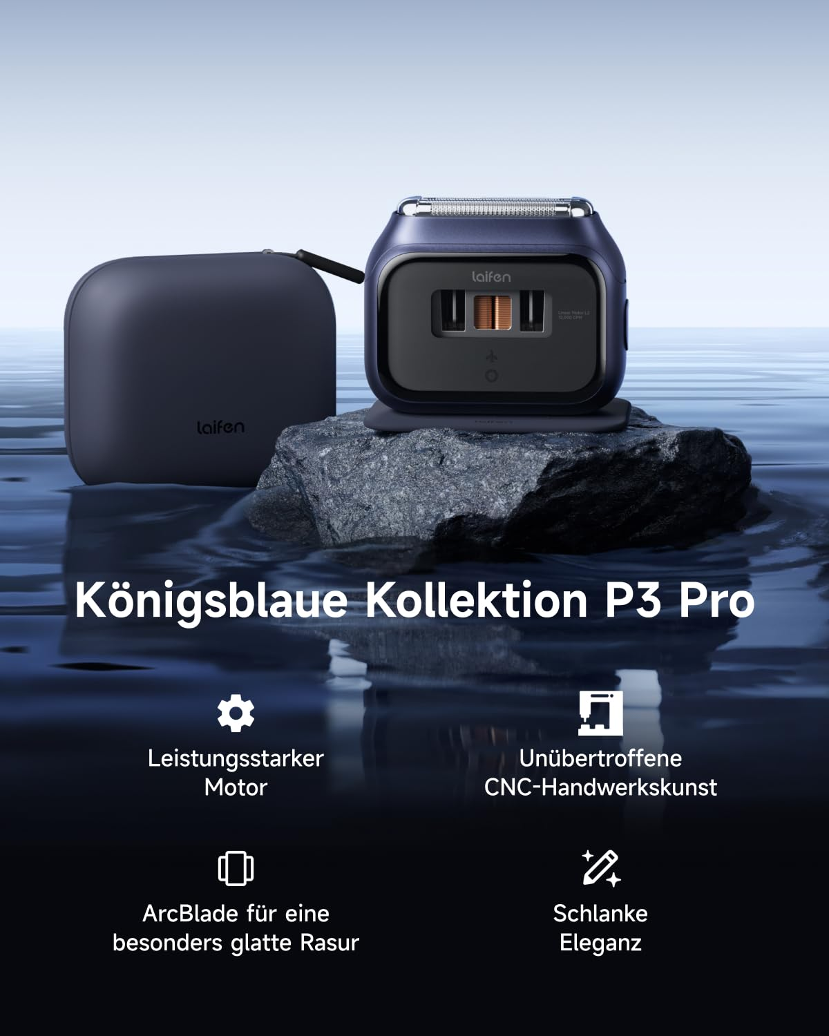 Ein blauer Rasierer und sein Etui stehen auf einem Felsen im Wasser.