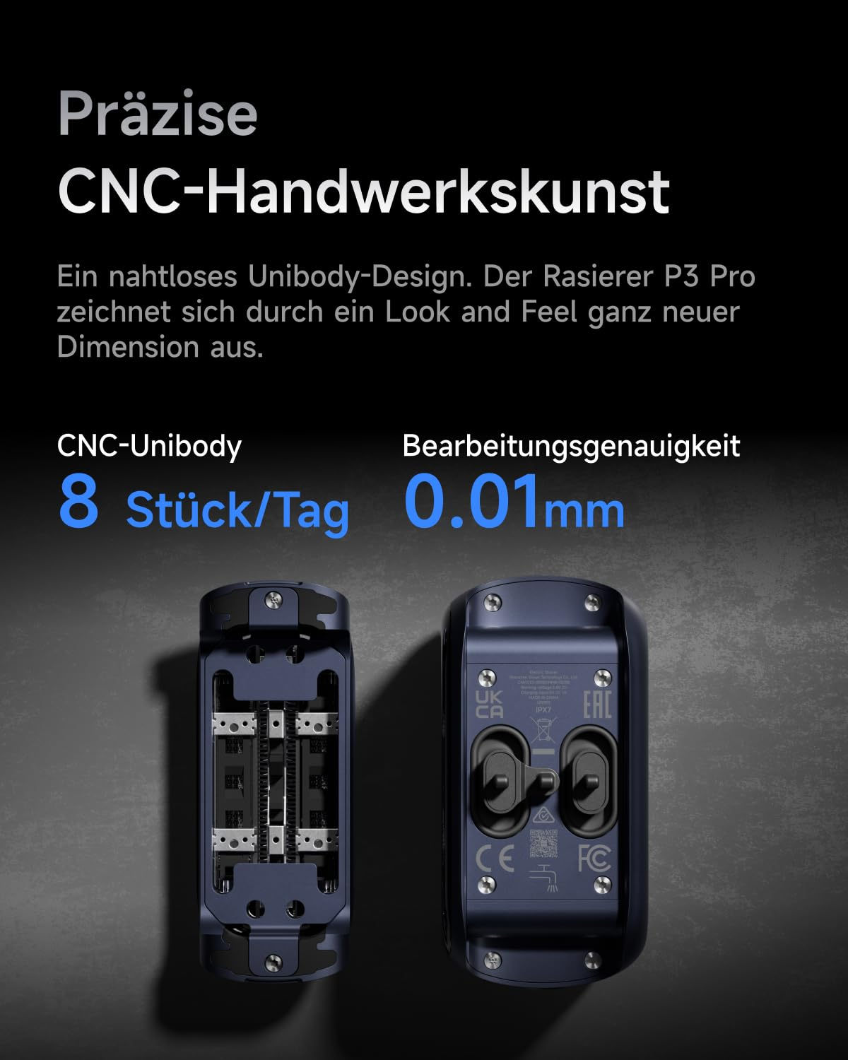 Zwei dunkelblaue Rasierer-Körper mit CNC-Präzision. Einer zeigt das Innenleben, der andere Rückseite.