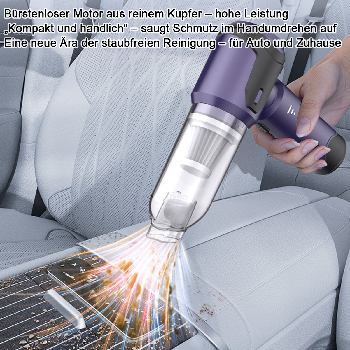 Handstaubsauger reinigt Autoinnenraum von Schmutz. Ein Hand hält das lila Gerät.