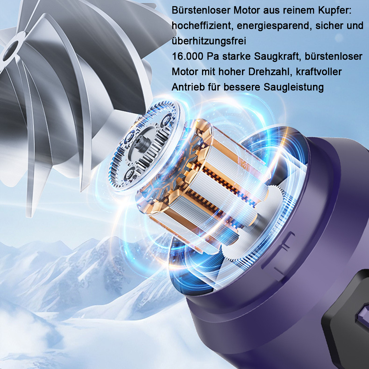Ein bürstenloser Kupfermotor mit starker Saugleistung, vor bergiger Kulisse.