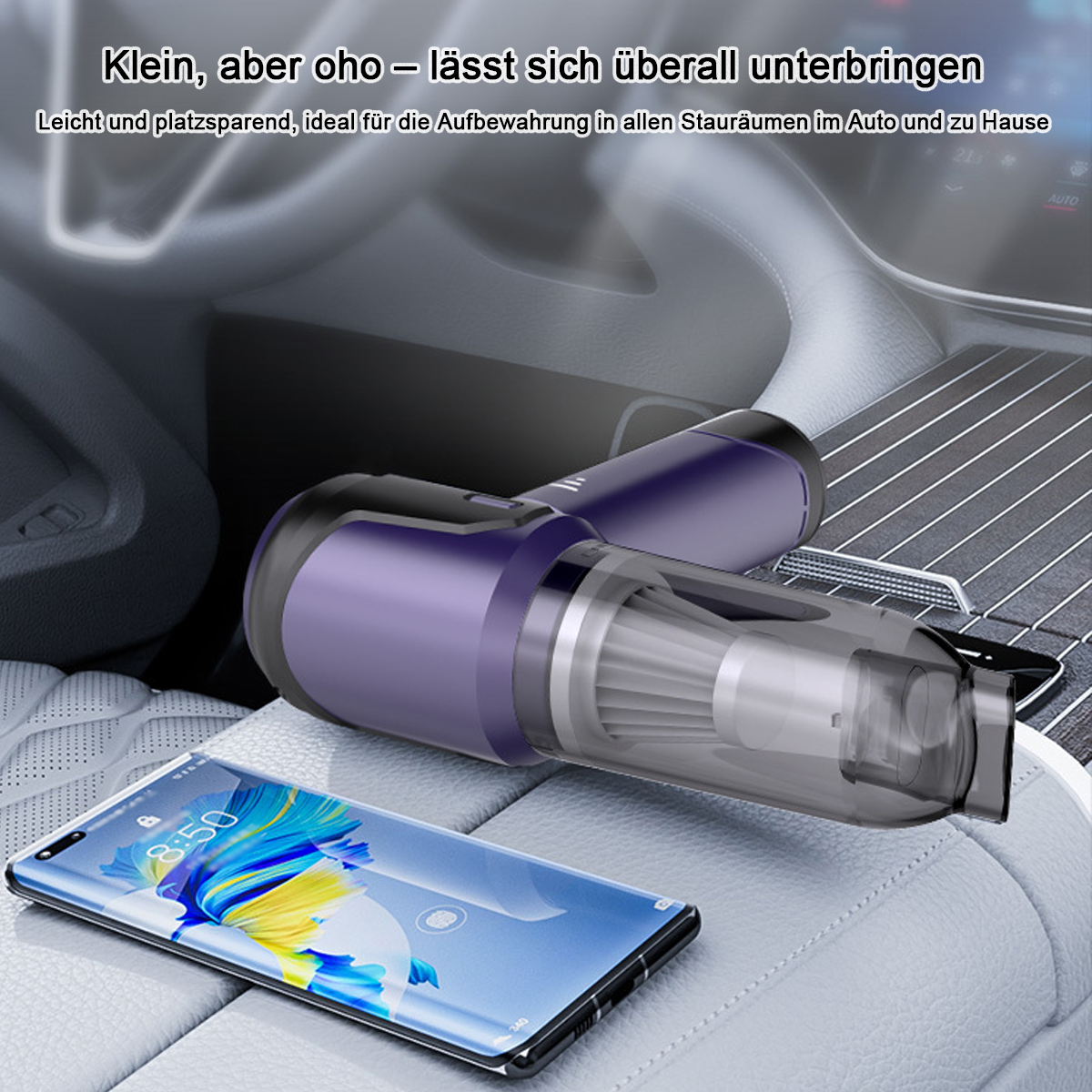 Lila Handstaubsauger und Smartphone auf Autositz.