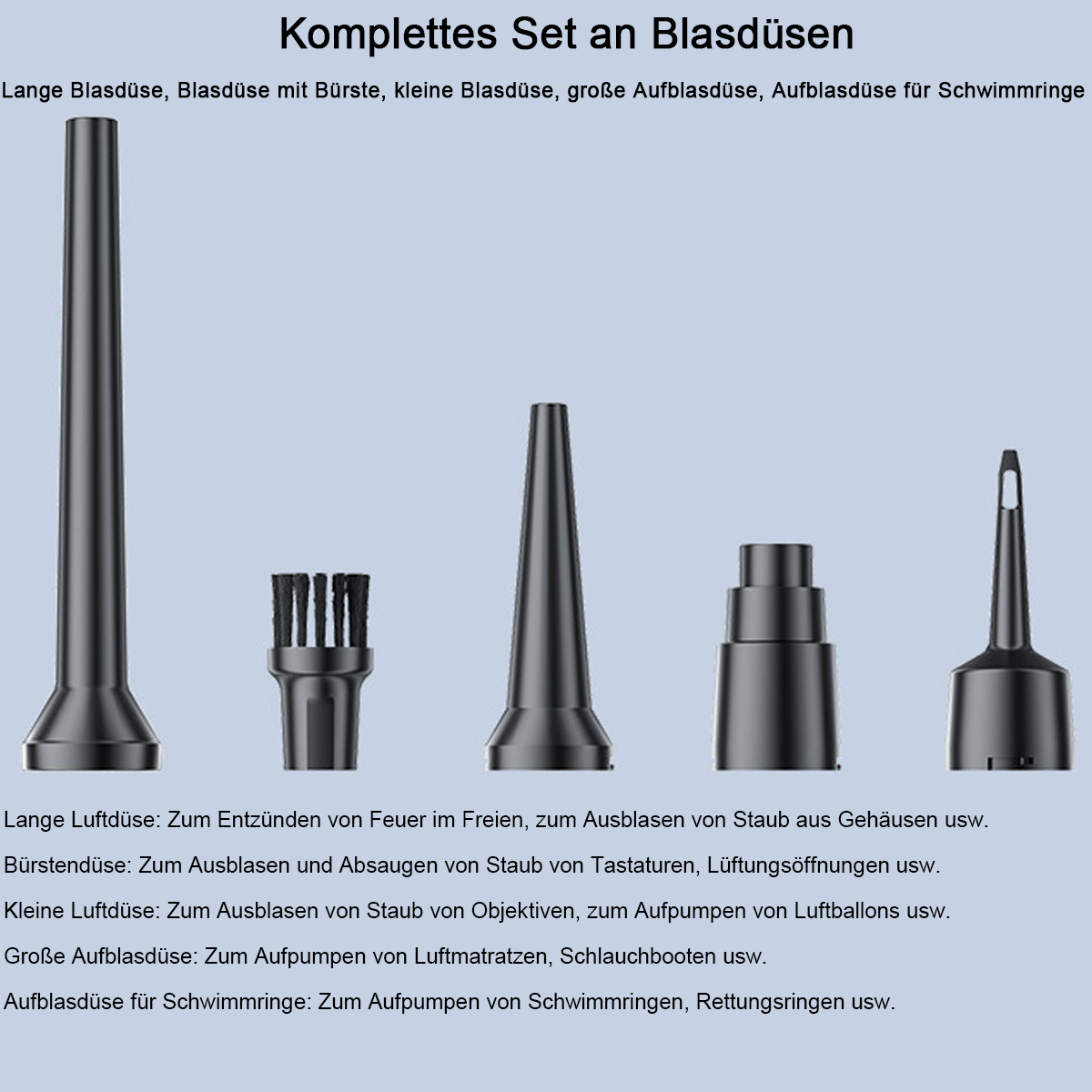 Fünf schwarze Düsen auf blauem Hintergrund: lange Düse, Bürste, kleine Düse, große Düse, Ringdüse.