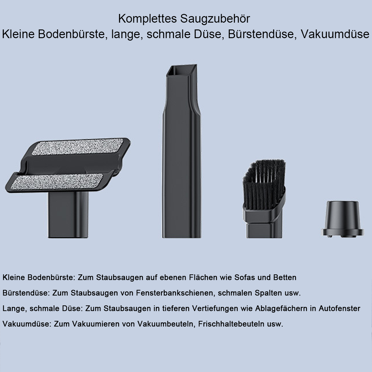 Vier schwarze Staubsaugeraufsätze: Bodendüse, schmale Düse, Bürste, runde Kappe.