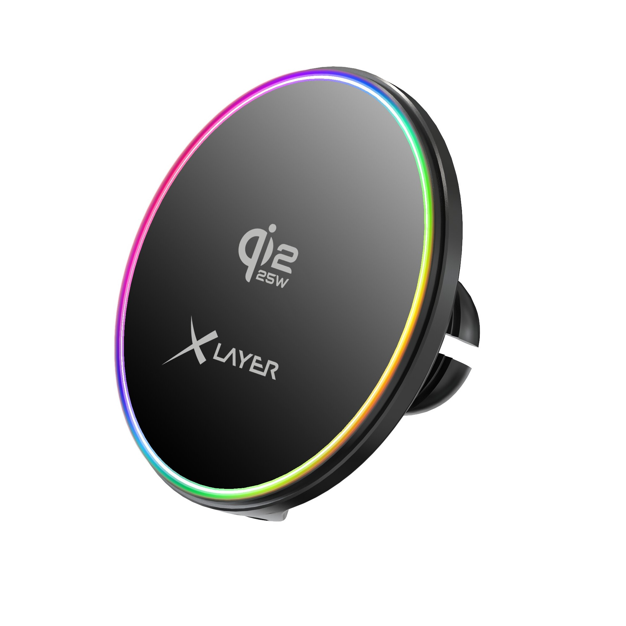 Schwarzer Ladegerät mit RGB-Beleuchtung und Logo.