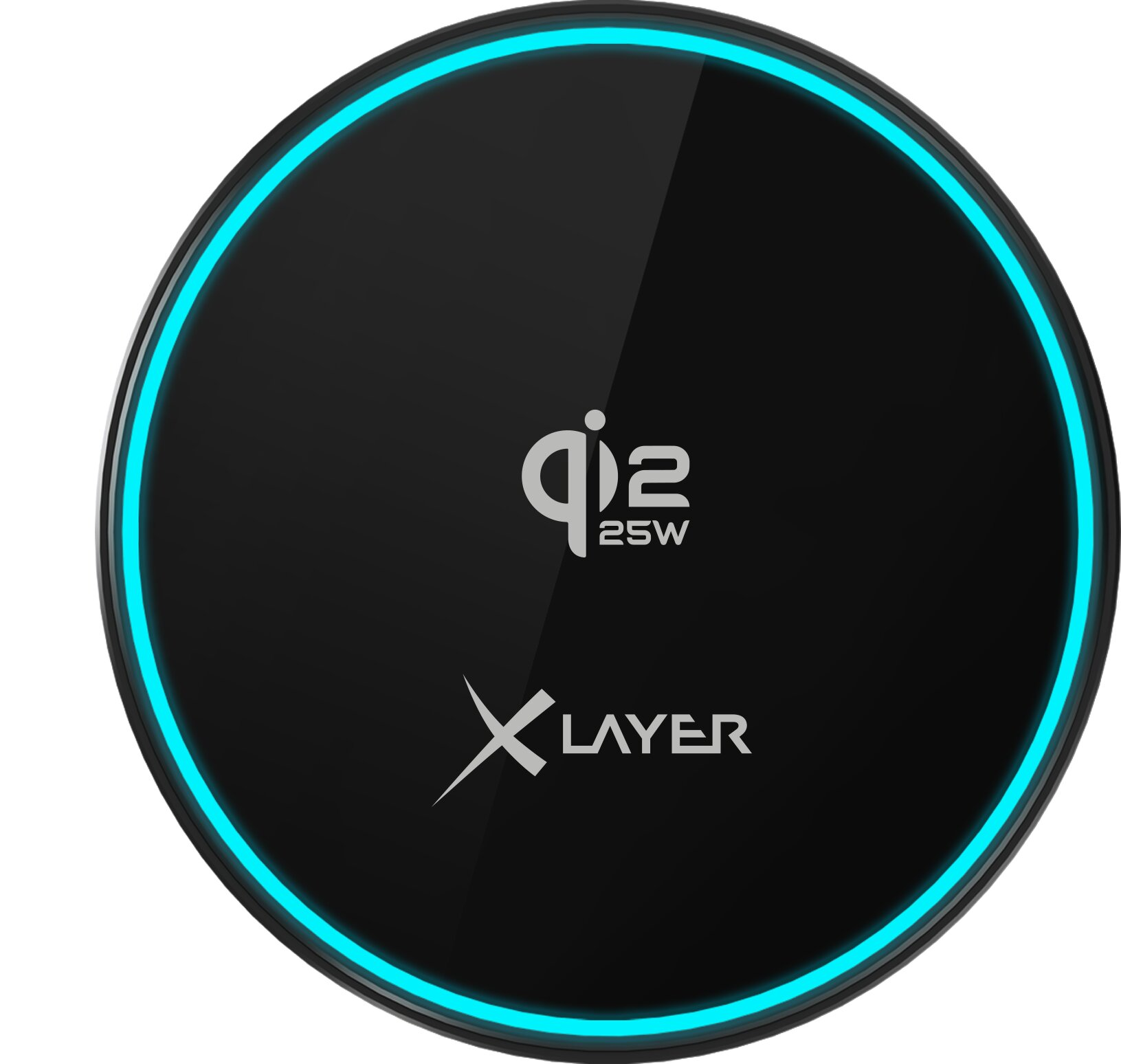 Schwarzes Qi-Ladegerät mit blauem LED-Ring und X LAYER-Logo.