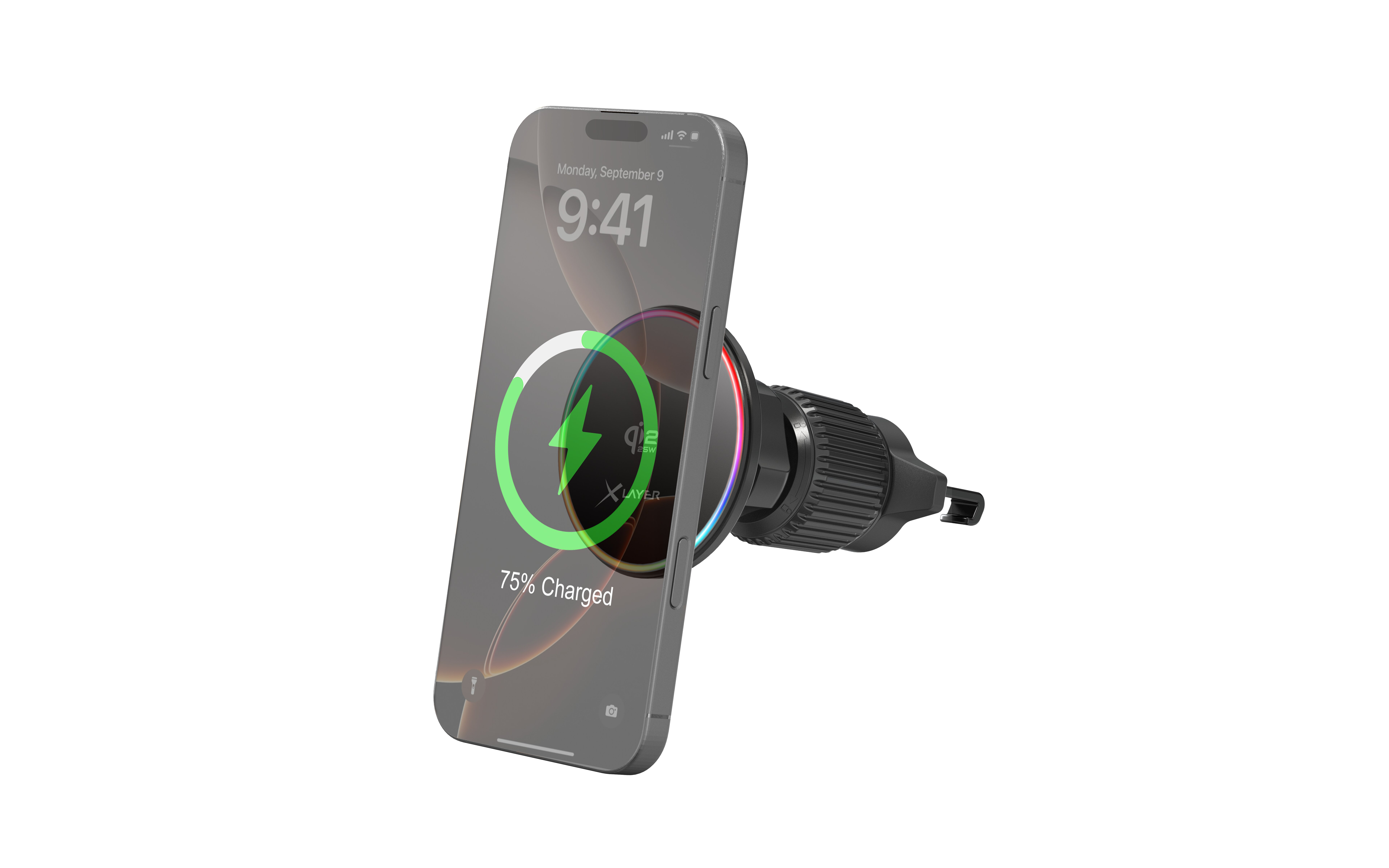 Ein graues iPhone wird kabellos geladen, zeigt 75% an.