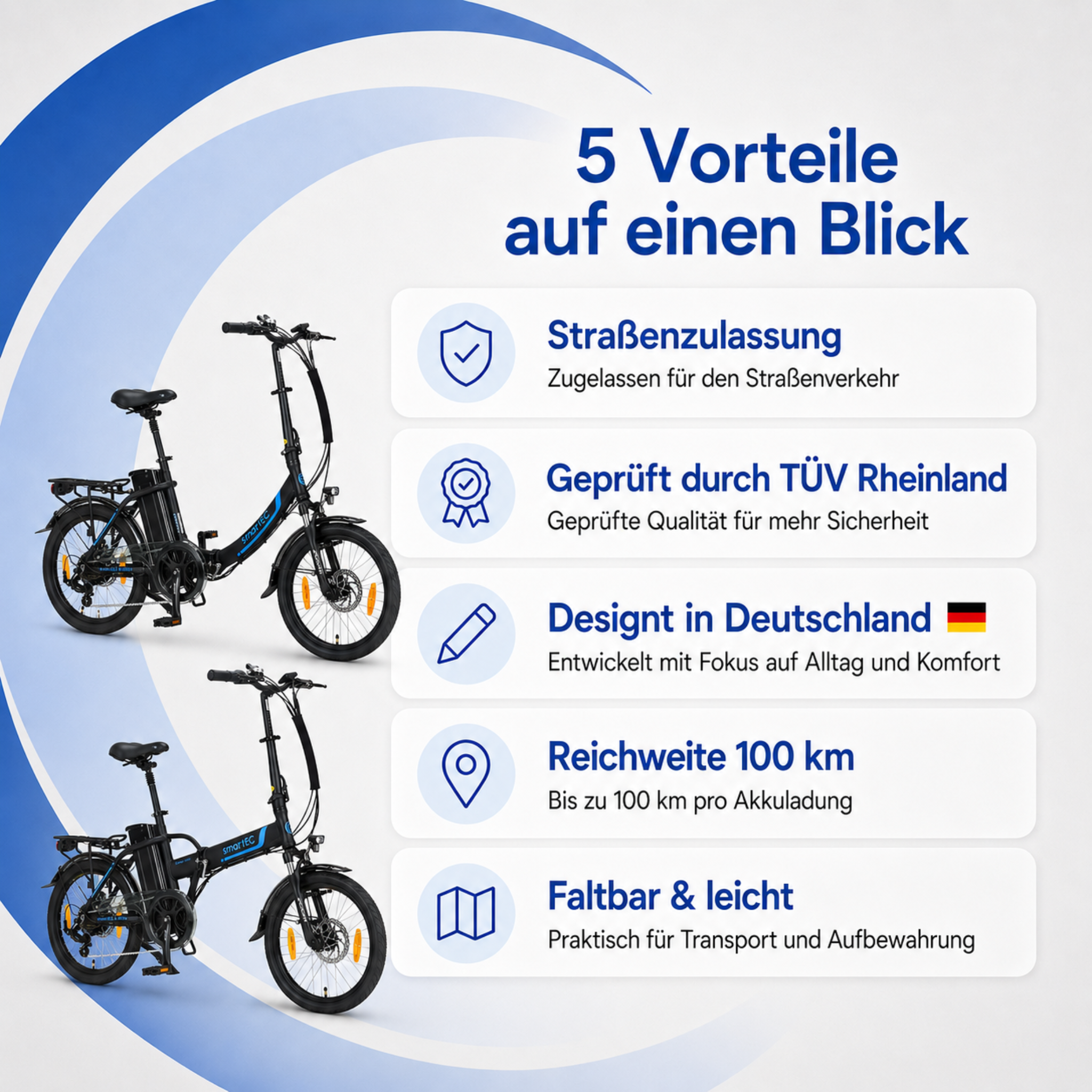 Zwei faltbare E-Bikes mit fünf Vorteilen: Straßenzulassung, TÜV-geprüft, Design, Reichweite, faltbar.
